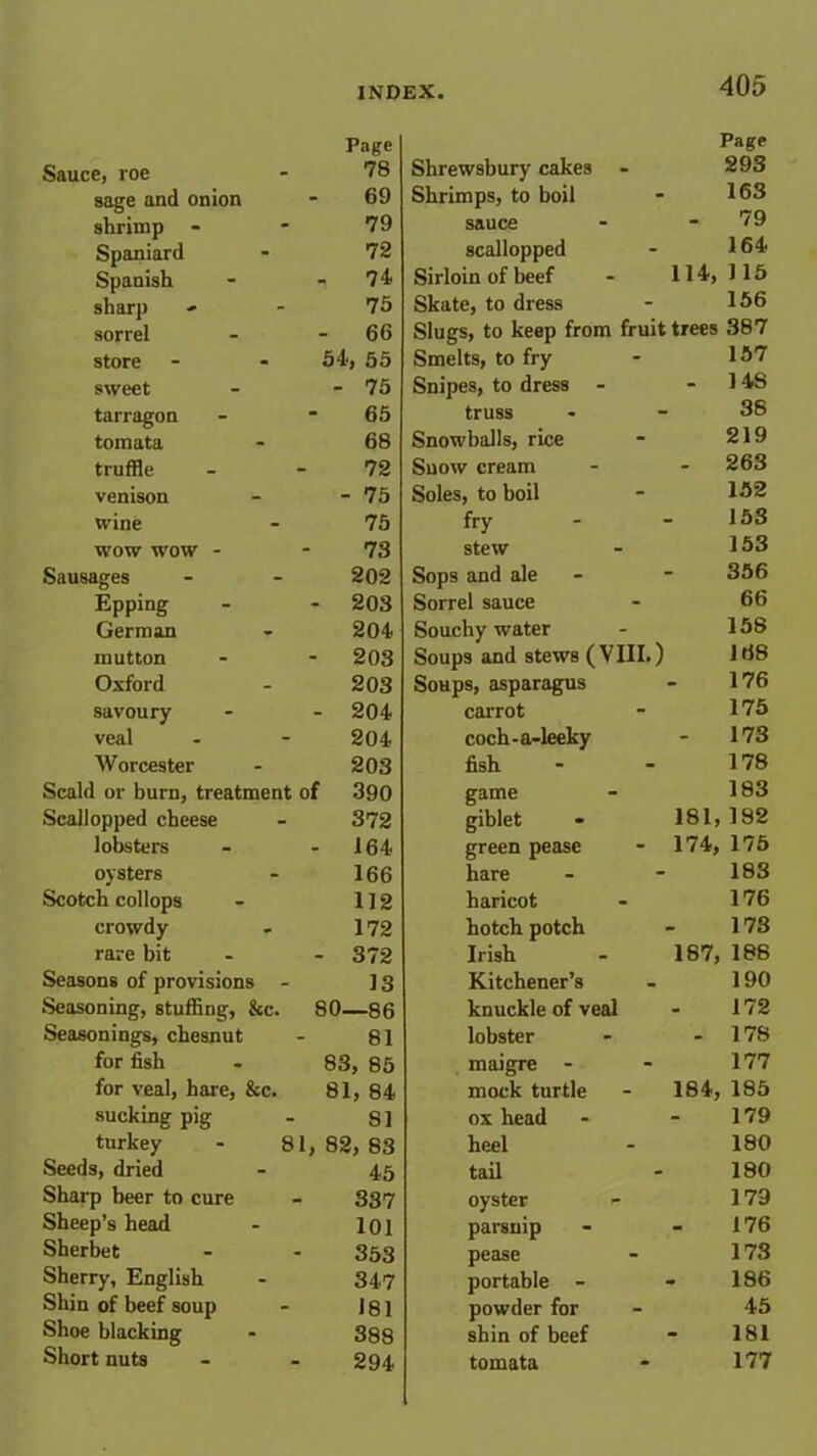 Page Page Sauce, roe 78 Shrewsbury cakes - 293 sage and onion 69 Shrimps, to boil 163 shrimp - 79 sauce - 79 Spaniard 72 seallopped 164 Spanish - 74 Sirloin of beef 114, 115 sharp 75 Skate, to dress 156 sorrel - 66 Slugs, to keep from fruit trees 387 store 54, 55 Smelts, to fry 157 sweet - 75 Snipes, to dress - - 148 tarragon 65 truss 38 tomata 68 Snowballs, rice 219 truffle 72 Suow cream - 263 venison - 75 Soles, to boil 132 wine 75 fry 153 wow wow - 73 stew 153 Sausages 202 Sops and ale 356 Epping - 203 Sorrel sauce 66 German 204 Souchy water 158 mutton - 203 Soups and stews (VIII.) 168 Oxford 203 Soups, asparagus - 176 savoury - 204 carrot 175 veal 204 coch-a-leeky - 173 Worcester 203 fish 178 Scald or burn, treatment of 390 game 183 Seallopped cheese 372 giblet 181, 182 lobsters - 164 green pease 174, 175 oysters 166 hare 183 Scotch collops 112 haricot 176 crowdy 172 botch potch - 173 rare bit - 372 Irish 187, 188 Seasons of provisions - 13 Kitchener’s 190 Seasoning, stuffing, &c. 80—86 knuckle of veal - 172 Seasonings, chesnut 81 lobster - 178 for fish 83, 85 maigre - 177 for veal, hare, &c. 81, 84 mock turtle 184, 185 sucking pig SI ox head - 179 turkey - 81 , 82, 83 heel 180 Seeds, dried 45 tail 180 Sharp beer to cure 387 oyster 179 Sheep’s head 101 parsnip - 176 Sherbet 353 pease 173 Sherry, English 347 portable - - 186 Shin of beef soup 181 powder for 45 Shoe blacking 388 shin of beef - 181 Short nuts 294 tomata 177