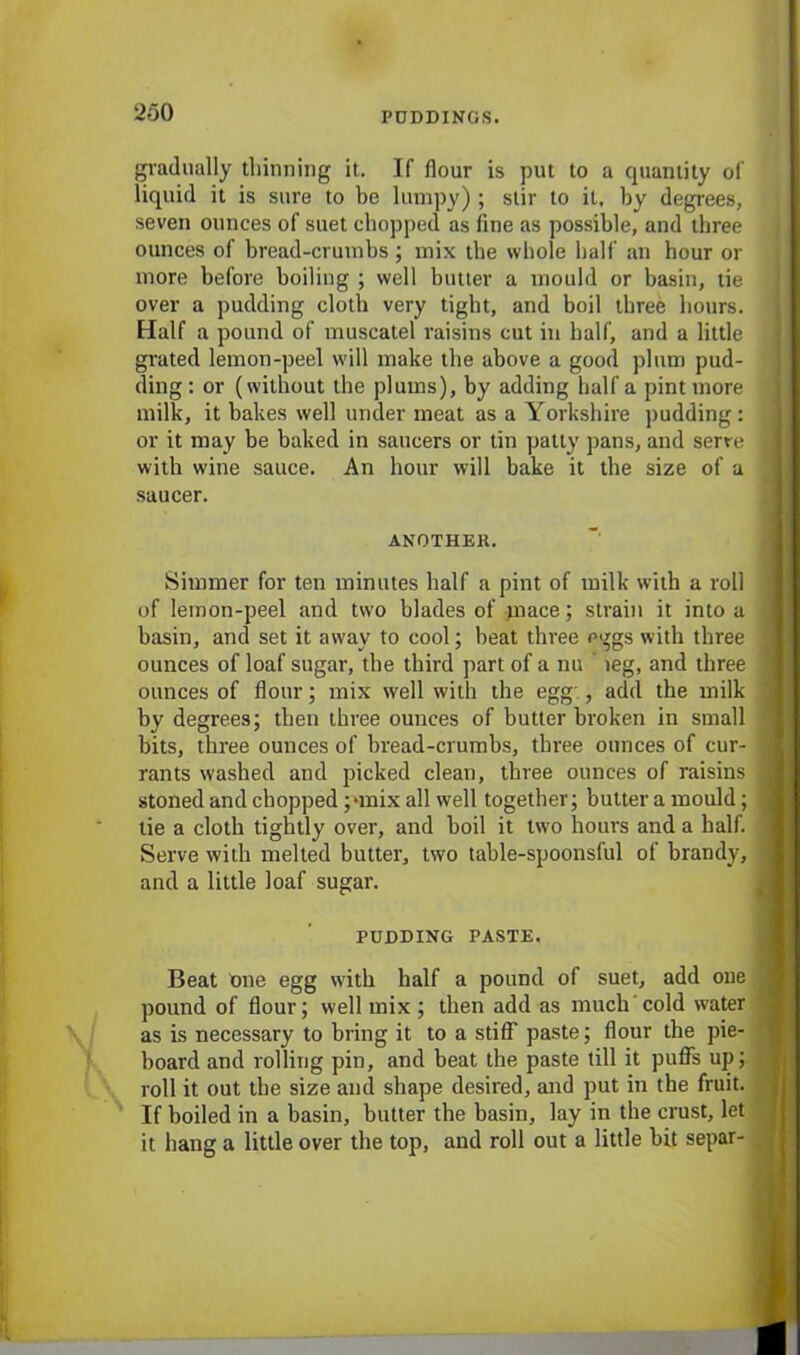 gradually thinning it. If flour is put to a cjuantity of liquid it is sure to he lumpy) ; stir to it, by degrees, seven ounces of suet chopped as fine as possible, and three ounces of bread-crumbs; mix the whole half an hour or more before boiling ; well butter a mould or basin, tie over a pudding cloth very tight, and boil three hours. Half a pound of muscatel raisins cut in half, and a little grated lemon-peel will make the above a good plum pud- ding : or (without the plums), by adding half a pint more milk, it bakes well under meat as a Yorkshire pudding: or it may be baked in saucers or tin patty pans, and serre with wine sauce. An hour will bake it the size of a saucer. ANOTHER. Simmer for ten minutes half a pint of milk with a roll of lemon-peel and two blades of mace; strain it into a basin, and set it away to cool; heat three eggs with three ounces of loaf sugar, the third part of a nu leg, and three ounces of flour; mix well with the egg', add the milk by degrees; then three ounces of butter broken in small bits, three ounces of bread-crumbs, three ounces of cur- rants washed and picked clean, three ounces of raisins stoned and chopped ;unix all well together; butter a mould; tie a cloth tightly over, and boil it two hours and a half. Serve with melted butter, two table-spoonsful of brandy, and a little loaf sugar. PUDDING PASTE. Beat One egg with half a pound of suet, add one pound of flour; well mix; then add as much cold water as is necessary to bring it to a stiff paste; flour the pie- board and rolling pin, and beat the paste till it puffs up; roll it out the size and shape desired, and put in the fruit. If boiled in a basin, butter the basin, lay in the crust, let it hang a little over the top, and roll out a little bit separ-