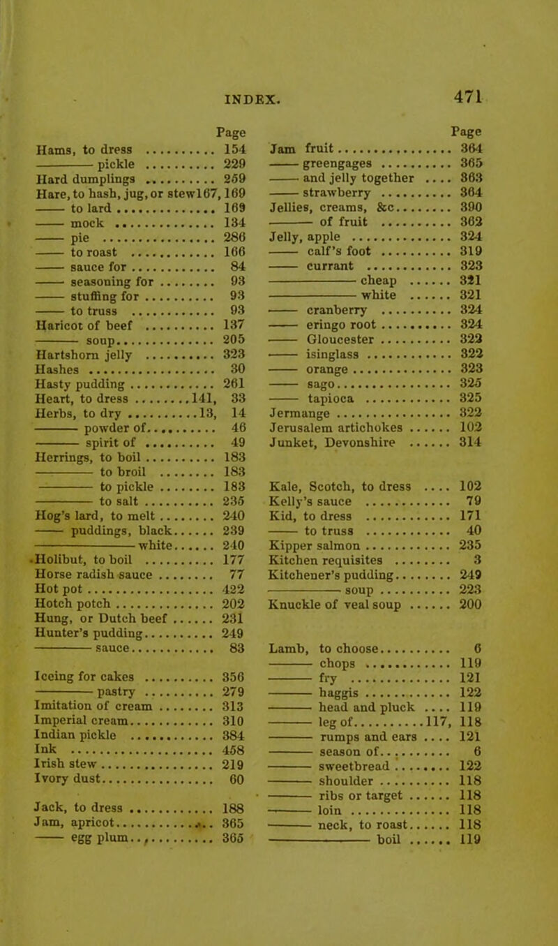 Page Hams, to dress 154 pickle 229 Hard dumplings 259 Hare, to hash, jug, or stewl67,169 to lard 169 mock 134 pie 286 to roast 166 sauce for 84 seasoning for 93 stuffing for 93 to truss 93 Haricot of beef 137 soup 205 Hartshorn jelly 323 Hashes 30 Hasty pudding 261 Heart, to dress 141, 33 Herbs, to dry 13, 14 powder of 46 spirit of 49 Herrings, to boil 183 to broil 183 to pickle 183 to salt 235 Hog’s lard, to melt 240 puddings, black 239 white 240 • Holibut, to boil 177 Horse radish sauce 77 Hot pot 422 Hotch potch 202 Hung, or Dutch beef 231 Hunter’s pudding 249 sauce 83 Iceing for cakes 356 pastry 279 Imitation of cream 313 Imperial cream 310 Indian pickle 384 Ink 458 Irish stew 219 Ivory dust 60 Jack, to dress 188 Jam, apricot j... 365 egg plum 365 Page Jam fruit 364 greengages 365 and jelly together .... 863 strawberry 364 Jellies, creams, &c 390 of fruit 362 Jelly, apple 324 calf’s foot 819 currant 323 cheap 321 white 321 cranberry 324 eringo root 324 Gloucester 322 isinglass 322 orange 323 sago 325 tapioca 325 Jermange 322 Jerusalem artichokes 102 Junket, Devonshire 314 Kale, Scotch, to dress .... 102 Kelly’s sauce 79 Kid, to dress 171 to truss 40 Kipper salmon 235 Kitchen requisites 3 Kitchener’s pudding 249 soup 223 Knuckle of veal soup 200 Lamb, to choose 6 chops 119 fry 121 baggis 122 head and pluck .... 119 leg of 117, 118 rumps and ears .... 121 season of. 6 sweetbread 122 shoulder 118 ribs or target 118 —— loin 118 neck, to roast 118 boil 119