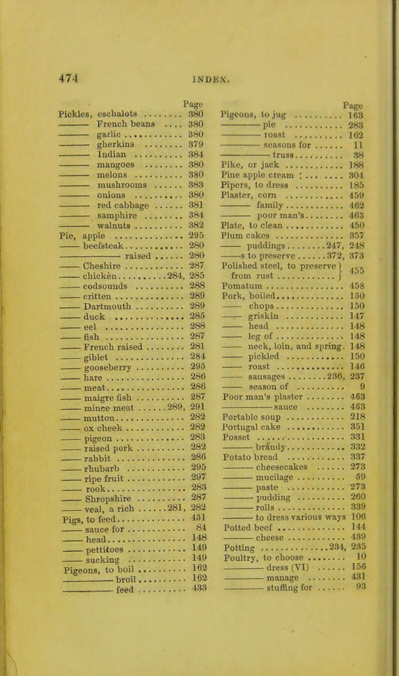 Page Pickles, eschalots 380 French beans .... 380 garlic 380 gherkins 379 Indian 384 mangoes 380 melons 380 mushrooms 383 onions 380 red cabbage 381 samphire 384 walnuts 382 Pie, apple 295 beefsteak 280 raised 280 Cheshire 287 chicken 284, 285 codsouuds 288 critten 289 Dartmouth 289 duck 285 eel 288 fish 287 French raised 281 giblet 284 gooseberry 295 hare 286 meat 286 maigre fish 287 mince meat 289, 291 mutton 282 ox cheek 282 pigeon 283 raised pork 282 rabbit 286 rhubarb 295 ripe fruit 297 rook 283 Shropshire 287 veal, a rich 281, 282 Pigs, to feed 431 sauce for 84 head 148 pettitoes 149 sucking 149 Pigeons, to boil 162 _! broil 162 feed 433 Page Pigeons, to jug 163 pie 283 roast 162 seasons for 11 truss 38 Pike, or jack 188 Pine apple cream : 304 Pipers, to dress 185 Plaster, com 459 family 462 poor man’s 463 Plate, to clean 450 Plum cakes 357 puddings 247, 248 s to preserve 372, 373 Polished steel, to preserve! ,rr from rust j JJ Pomatum 458 Pork, boiled 150 chops 150 —— griskin 147 head 148 leg of 148 neck, loin, and spring. 148 pickled 150 roast 146 sausages 236, 237 season of 9 Poor man’s plaster 463 sauce 463 Portable soup 218 Portugal cake 351 Posset 331 br£ndy 332 Potato bread 337 cheesecakes 273 mucilage 59 paste 273 pudding 260 rolls 339 to dress various ways 106 Potted beef 144 cheese 439 Potting 234, 235 Poultry, to choose 10 dress (VI) 156 manage 431 stuffing for 93