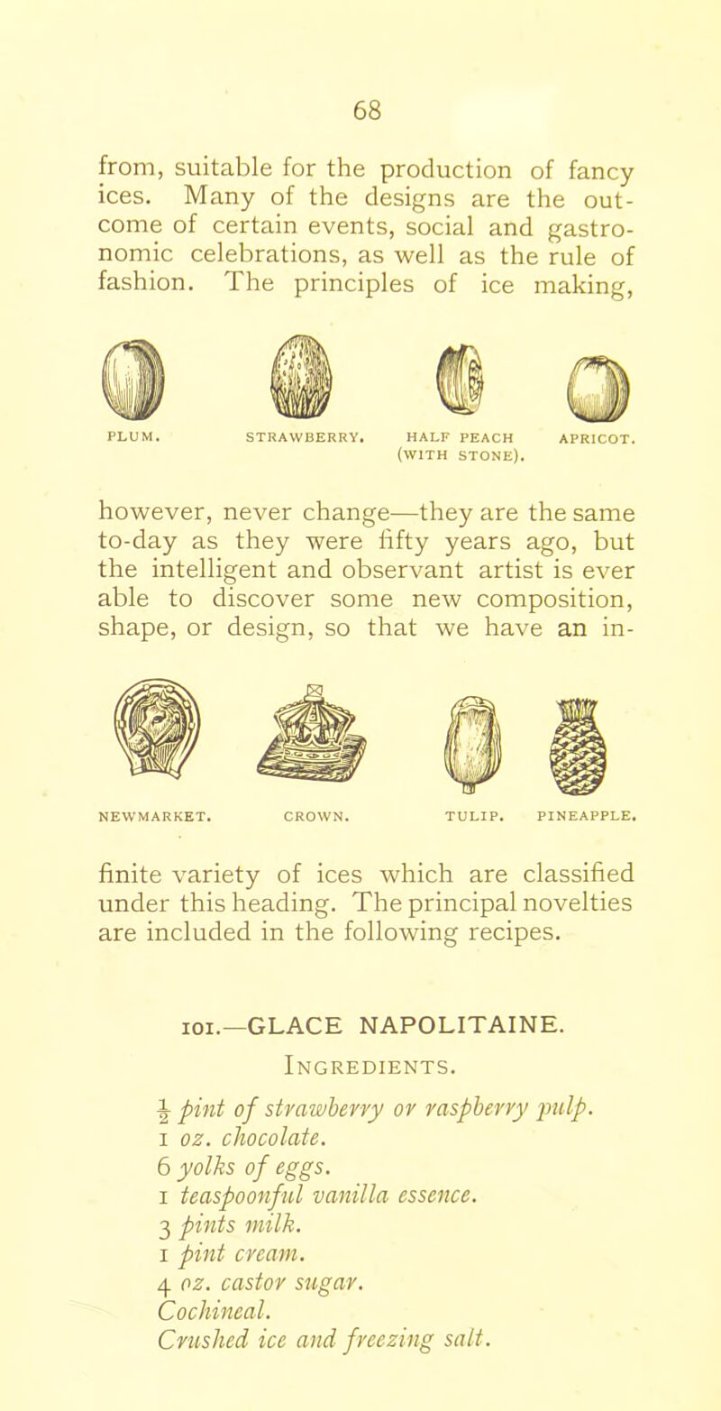 from, suitable for the production of fancy ices. Many of the designs are the out- come of certain events, social and gastro- nomic celebrations, as well as the rule of fashion. The principles of ice making, PLUM. STRAWBERRY. HALF PEACH APRICOT. (WITH STONE). however, never change—they are the same to-day as they were fifty years ago, but the intelligent and observant artist is ever able to discover some new composition, shape, or design, so that we have an in- NEWMARKET. CROWN. TULIP. PINEAPPLE. finite variety of ices which are classified under this heading. The principal novelties are included in the following recipes. ioi.—GLACE NAPOLITAINE. Ingredients. \ pint of strawberry or raspberry jnilp. i 02. chocolate. 6 yolks of eggs. i teaspoonfel vanilla essence. 3 pints milk. i pint cream. 4 oz. castor sugar. Cochineal. Crushed ice and freezing salt.