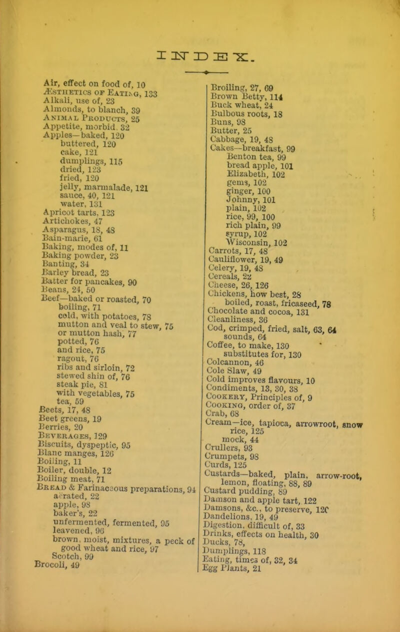 IITDE hc. Air, effect on food of, 10 Esthetics op Eating, 133 Alkali, use of, 23 Almonds, to blanch, 39 Animal Products, 25 Appetite, morbid. 32 Apples—baked, 120 buttered, 120 cake, 121 dumplings, 115 dried, 123 fried, 120 jelly, marmalade, 121 sauce, 40, 121 water, 131 Apricot tarts, 123 Artichokes, 47 Asparagus, 18, 48 Bain-marie, 61 Baking, modes of, 11 Baking powder, 23 Banting, 34 Barley bread, 23 Batter for pancakes, 90 Beans, 24, 50 Beef—baked or roasted, 70 boiling, 71 cold, with potatoes, 78 mutton and veal to stew, 75 or mutton hash, 77 potted, 70 and rice, 75 ragout, 76 ribs and sirloin, 72 stewed shin of, 76 steak pie, 81 with vegetables, 75 tea, 59 Beets, 17, 48 Beet greens, 19 Berries, 20 Beverages, 129 Biscuits, dyspeptic, 95 Blanc manges, 126 Boiling, 11 Boiler, double, 12 Boiling meat, 71 Bread & Farinaceous preparations, 91 aerated, 22 apple, 98 baker’s, 22 unfermented, fermented, 95 leavened, 90 brown, moist, mixtures, a peck of good wheat and rice, 97 Scotch, 99 Brocoli, 49 Broiling, 27, 69 Brown Betty, 114 Buck wheat, 24 Bulbous roots, 18 Buns, 98 Butter, 25 Cabbage, 19, 4S Cakes—breakfast, 99 Benton tea, 99 bread apple, 101 Elizabeth, 102 gems, 102 ginger, 100 Johnny, 101 plain, 102 rice, 99, 100 rich plain, 99 syrup,102 Wisconsin, 102 Carrots, 17, 48 Cauliflower, 19, 49 Celery, 19, 48 Cereals, 22 Cheese, 26, 126 Chickens, how best, 28 boiled, roast, fricaseed, 78 Chocolate and cocoa, 131 Cleanliness, 36 Cod, crimped, fried, salt, 63, 64 sounds, 64 Coffee, to make, 130 substitutes for, 130 Colcannon, 46 Cole Slaw, 49 Cold improves flavours, 10 Condiments, 13, 30, 38 Cookery, Principles of, 9 Cooking, order of, 37 Crab, 68 Cream—ice, tapioca, arrowroot, snow rice, 125 mock, 44 Crullers, 93 Crumpets, 9S Curds, 125 Custards—baked, plain, arrow-root. lemon, floating, 88, 89 Custard pudding, 89 Damson and apple tart, 122 Damsons, &c., to preserve, 120 Dandelions, 19, 49 Digestion, difficult of, 33 Drinks, effects on health, 30 Ducks, 78, Dumplings, 118 Eating, times of, 32, 34 Egg Plants, 21
