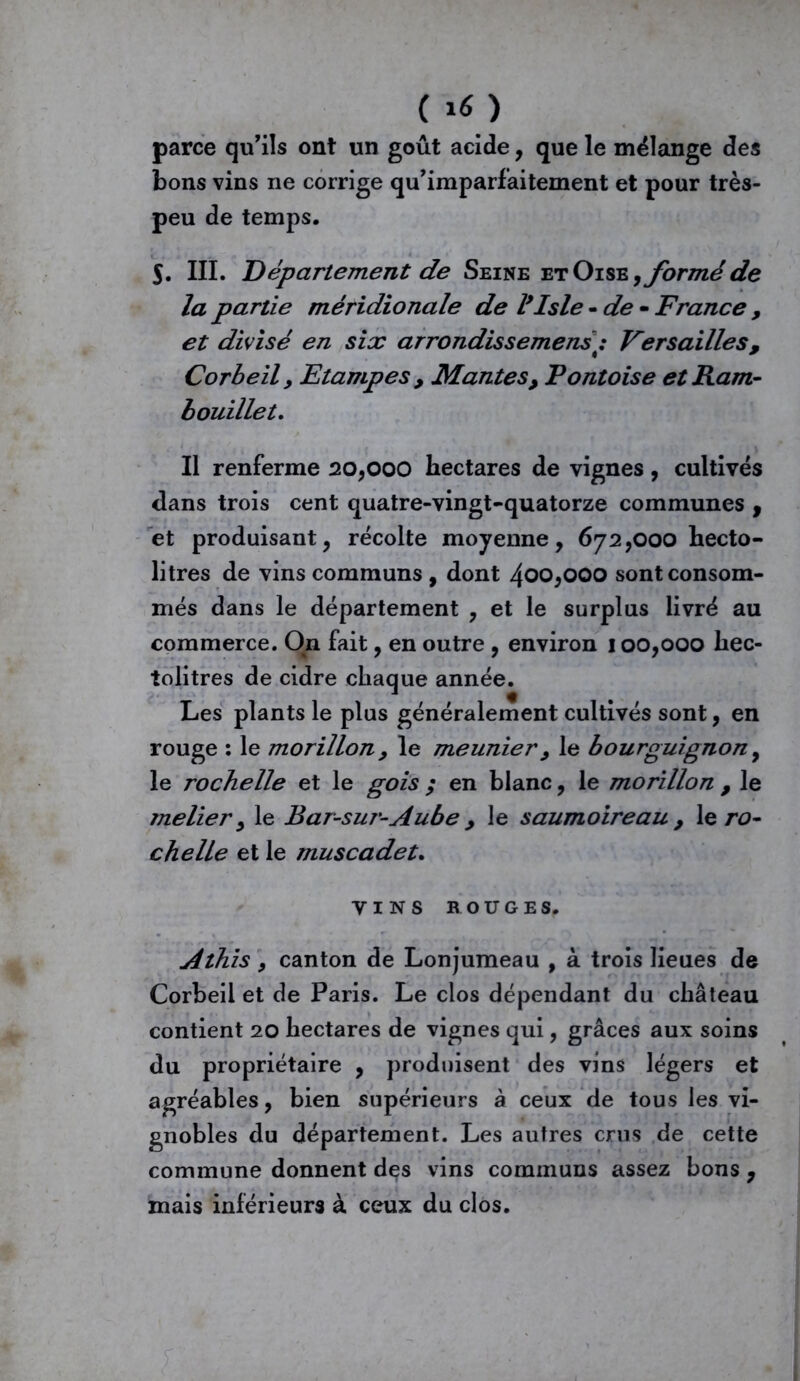 parce qu’ils ont un goût acide, que le mélange des bons vins ne corrige qu’imparfaitement et pour très- peu de temps. 5. III. Département de Seine et Oise,formé de la partie méridionale de l’Isle - de - France , et divisé en six arrondissementVersailles , Cor b e il, Etampes, Mantes, Pontoise et Ram- bouillet. Il renferme 20,000 hectares de vignes, cultivés dans trois cent quatre-vingt-quatorze communes f et produisant, récolte moyenne, 672,000 hecto- litres de vins communs , dont 400,000 sont consom- més dans le département , et le surplus livré au commerce. On fait, en outre , environ 100,000 hec- tolitres de cidre chaque année. Les plants le plus généralement cultivés sont, en rouge : le morillon, le meunier, le bourguignon, le rochelle et le gois ; en blanc, le morillon , le melier, le Bar-sur-Aube , le saumoireau y le ro- chelle et le muscadet. VINS ROUGES. Athis , canton de Lonjumeau , à trois lieues de Corbeil et de Paris. Le clos dépendant du château contient 20 hectares de vignes qui, grâces aux soins du propriétaire , produisent des vins légers et agréables, bien supérieurs à ceux de tous les vi- gnobles du département. Les autres crus de cette commune donnent des vins communs assez bons , mais inférieurs à ceux du clos.