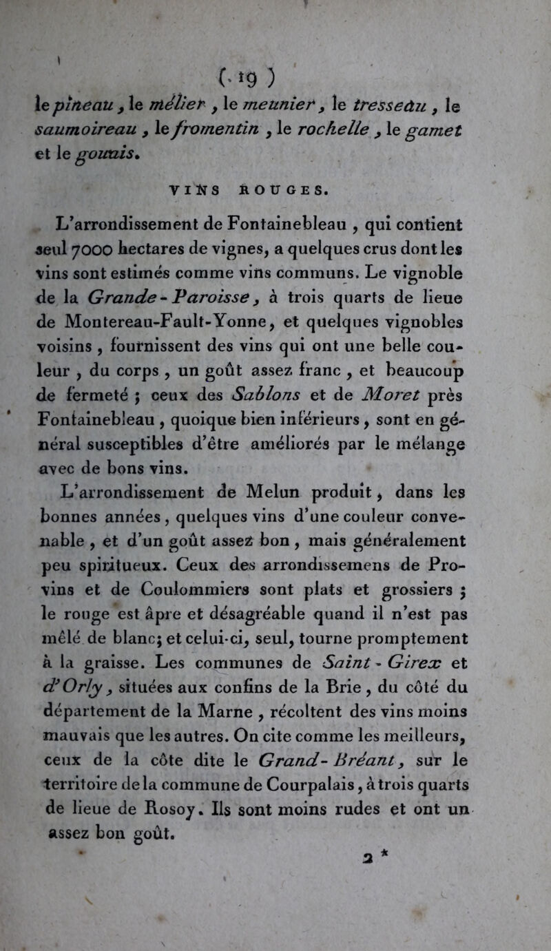 (• *9 ) le pineau , le métier , le meunier 9 le iresseàu , le saumoireau 9 le fromentin , le roc belle , le gamet et le gourds. VIÎÎS ROUGES. L’arrondissement de Fontainebleau , qui contient seul 7000 hectares de vignes, a quelques crus dont les vins sont estimés comme vins communs. Le vignoble de la Grande - Paroisse, à trois quarts de lieue de Montereau-Fault-Yonne, et quelques vignobles voisins , fournissent des vins qui ont une belle cou- leur , du corps , un goût assez franc , et beaucoup de fermeté ; ceux des Sablons et de Moret près Fontainebleau , quoique bien inférieurs, sont en gé- néral susceptibles d’être améliorés par le mélange avec de bons vins. L’arrondissement de Melun produit, dans les bonnes années , quelques vins d’une couleur conve- nable , et d’un goût assez bon, mais généralement peu spiritueux. Ceux des arrondissemens de Pro- vins et de Coulommiers sont plats et grossiers ; le rouge est âpre et désagréable quand il n’est pas mêlé de blanc; et celui-ci, seul, tourne promptement à la graisse. Les communes de Saint - Girex et d9Orly , situées aux confins de la Brie , du coté du département de la Marne , récoltent des vins moins mauvais que les autres. On cite comme les meilleurs, ceux de la côte dite le Grand- léréant, sur le territoire de la commune de Courpalais, à trois quarts de lieue de Rosoy. Ils sont moins rudes et ont un assez bon goût.