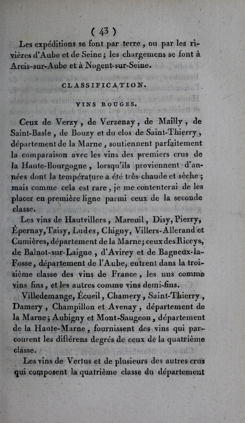 Les expéditions se font par terre , on par les ri- vières d’Aube et de Seine ; les chargemens se font à Arcis-sur-Aube et à Nogent-sur-Seine. CLASSIFICATION. VINS ROUGES. Ceux de Verzy , de Verzenay, de Mailly , de Saint-Basle , de Bouzy et du clos de Saint-Tliierry , département de la Marne, soutiennent parfaitement la comparaison avec les vins des premiers crus de la Haute-Bourgogne , lorsqu’ils proviennent d’an- nées dont la température a été très chaude et sèche ; mais comme cela est rare , je me contenterai de les placer en première ligne parmi ceux de la seconde classe. Les vins de Hautvillers , Mareuil, Disy, Pierry, Épernay,Taisy, Ludes, Chigny, Villers-Allerand et Cumières, département de la Marne; ceux des Riceys, de Balnot-sur-Laigne , d’Avirey et de Bagneux-la- Fosse, département de l’Aube, entrent dans la troi- sième classe des vins de France , les uns comme vins fins, et les autres comme vins demi-fins. Villedemange, Écueil, Chamery, Saint-Thierry , Damery , Champillon et Avenay , département de la Marne; Aubigny et Mont-Saugeon , département de la Haute-Marne , fournissent des vins qui par- courent les diftérens degrés de ceux de la quatrième classe. Les vins de Vertus et de plusieurs des autres crus qui composent la quatrième classe du département