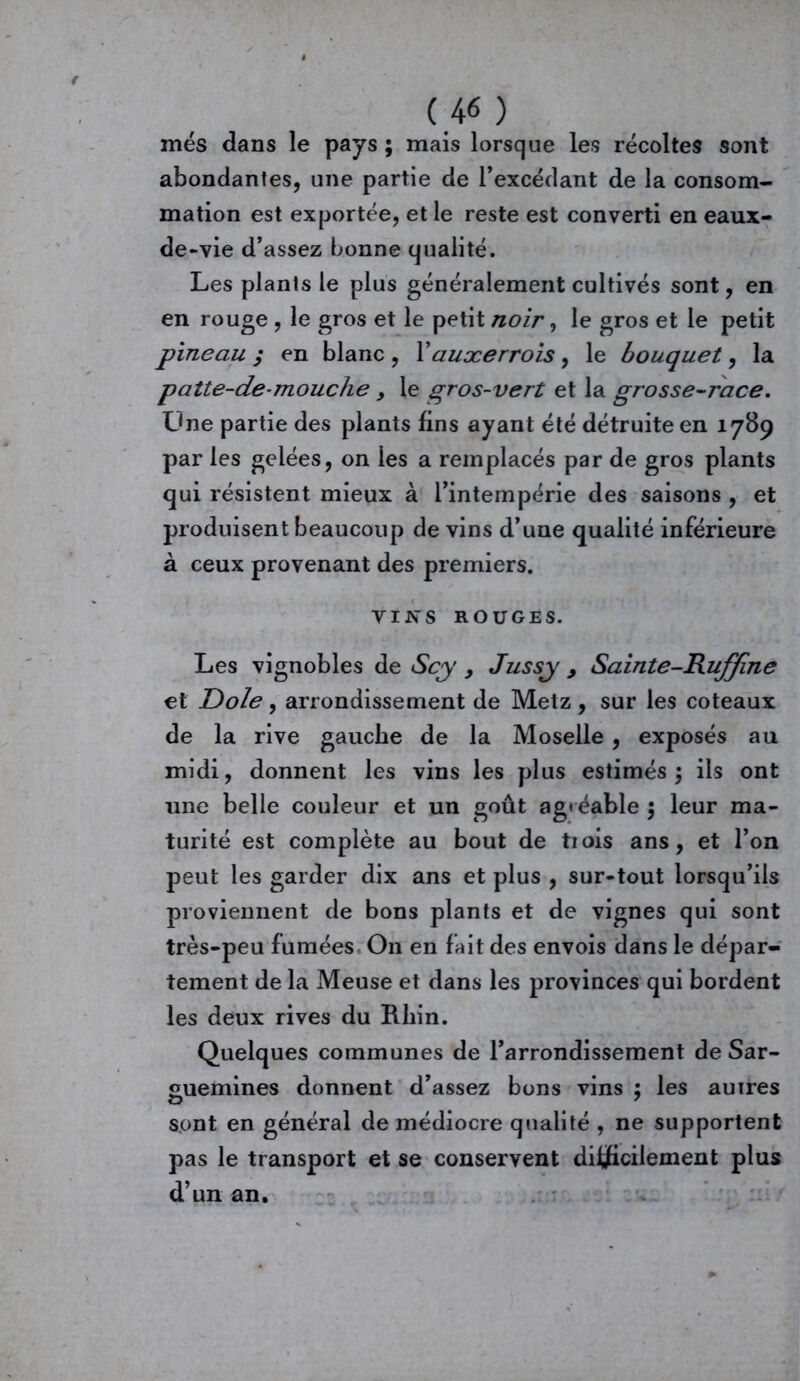mes dans le pays ; mais lorsque les récoltes sont abondantes, une partie de l’excédant de la consom- mation est exportée, et le reste est converti en eaux- de-vie d’assez bonne qualité. Les plants le plus généralement cultivés sont, en en rouge , le gros et le petit noir, le gros et le petit pineau ; en blanc , Y auxerrois , le bouquet, la patte-de-mouche, le gros-vert et la grosse-race. Une partie des plants fins ayant été détruite en 1789 par les gelées, on les a remplacés par de gros plants qui résistent mieux à l’intempérie des saisons , et produisent beaucoup de vins d’une qualité inférieure à ceux provenant des premiers. yijvs rouges. Les vignobles de Scy > Jussy , Sainte-Ruffine et Dole, arrondissement de Metz , sur les coteaux de la rive gauche de la Moselle, exposés au midi, donnent les vins les plus estimés •, ils ont une belle couleur et un goût ag» éable $ leur ma- turité est complète au bout de tiois ans, et l’on peut les garder dix ans et plus , sur-tout lorsqu’ils proviennent de bons plants et de vignes qui sont très-peu fumées On en fait des envois dans le dépar- tement de la Meuse et dans les provinces qui bordent les deux rives du Rhin. Quelques communes de l’arrondissement de Sar- guemines donnent d’assez bons vins ; les autres sont en général de médiocre qualité , ne supportent pas le transport et se conservent difficilement plus d’un an.
