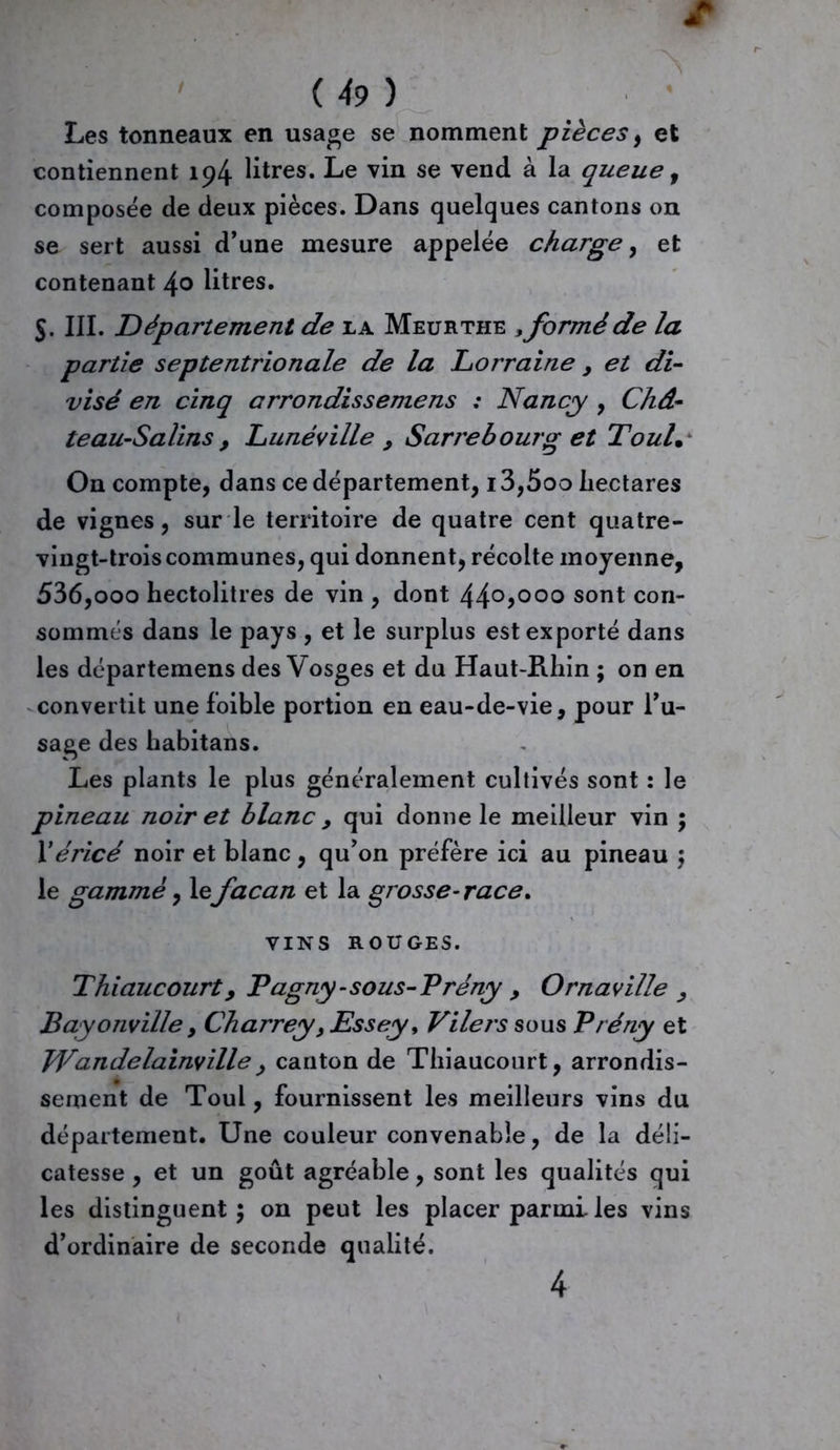 Les tonneaux en usage se nomment pièces, et contiennent 194 litres. Le vin se vend à la queue , composée de deux pièces. Dans quelques cantons on se sert aussi d’une mesure appelée charge, et contenant 40 litres. $. III. Département de la Meurthe , formé de la partie septentrionale de la Lorraine > et di- visé en cinq arrondissemens ; Nancy , Châ- teau-Salins, Lunéville y Sarrebourg et Tout• On compte, dans ce département, 13,5oo hectares de vignes, sur le territoire de quatre cent quatre- vingt-trois communes, qui donnent, récolte moyenne, 536,ooo hectolitres de vin , dont 44°>00° sont con- sommés dans le pays , et le surplus est exporté dans les départemens des Vosges et du Haut-Rhin ; on en convertit une foible portion en eau-de-vie, pour ru- sage des habitans. Les plants le plus généralement cultivés sont : le pineau noir et blanc > qui donne le meilleur vin ; Xéricé noir et blanc, qu’on préfère ici au pineau ; le gamme, lefacan et la grosse-race. VINS ROUGES. Thiaucourty Pagny-sous-Prény , Ornaville y Bayonville, Charrey, JEssey, Vilers sous Prény et Wandelainvilley canton de Thiaucourt, arrondis- sement de Toul, fournissent les meilleurs vins du département. Une couleur convenable, de la déli- catesse , et un goût agréable, sont les qualités qui les distinguent; on peut les placer parmi les vins d’ordinaire de seconde qualité. 4