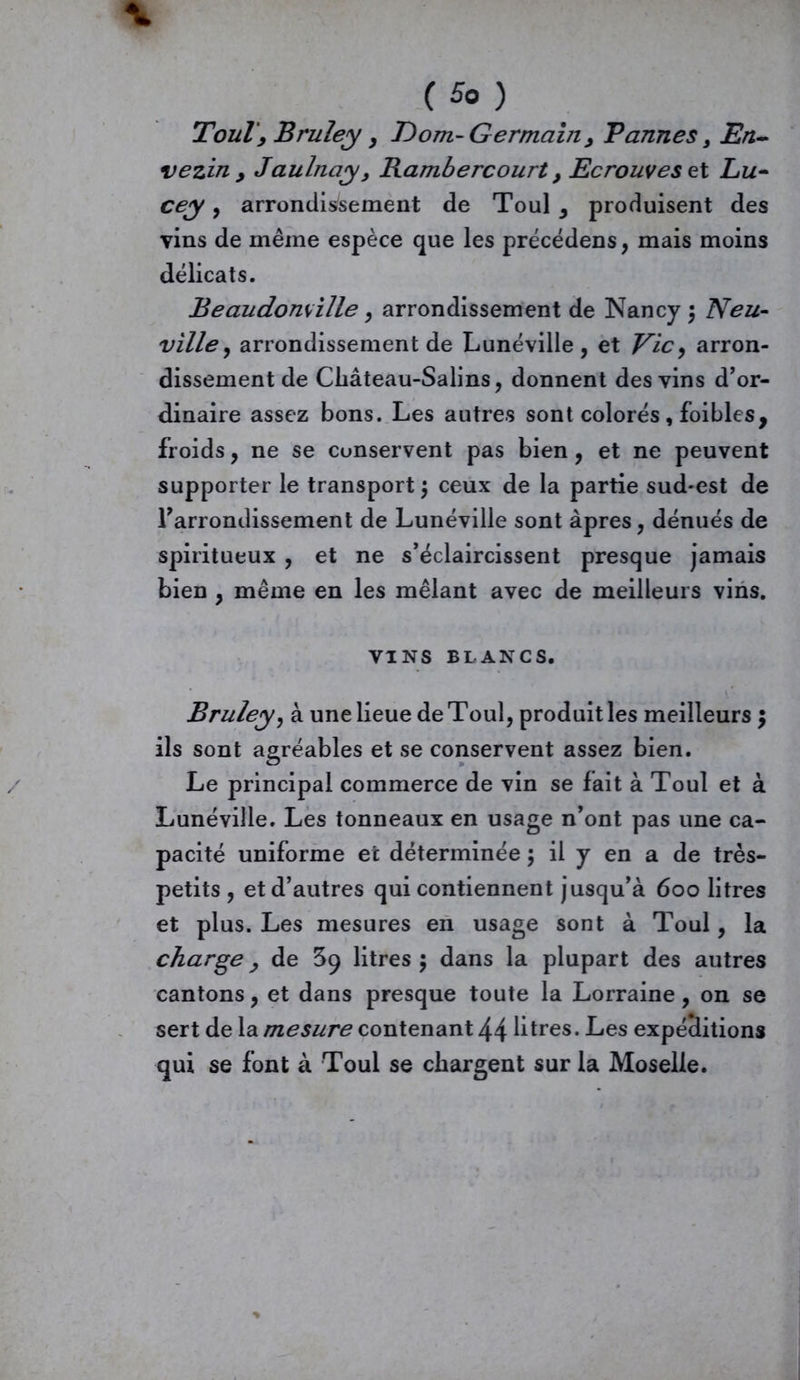 Tout, Bruley , Dom- Germain, Vannes, En- vezin y Jaulnay, Bambercourt} Ecrouves et Lw- cey, arrondissement de Toul y produisent des vins de même espèce que les précédens, mais moins délicats. jBeaudonville, arrondissement de Nancy \ Neu- ville, arrondissement de Lunéville, et Vie, arron- dissement de Cliâteau-Salins, donnent des vins d’or- dinaire assez bons. Les autres sont colorés, foibles, froids, ne se conservent pas bien, et ne peuvent supporter le transport $ ceux de la partie sud-est de l’arrondissement de Lunéville sont apres, dénués de spiritueux , et ne s’éclaircissent presque jamais bien , même en les mêlant avec de meilleurs vins. VINS BLANCS. Bruïey, à une lieue de Toul, produit les meilleurs $ ils sont agréables et se conservent assez bien. Le principal commerce de vin se fait à Toul et à Lunéville. Les tonneaux en usage n’ont pas une ca- pacité uniforme et déterminée 5 il y en a de très- petits , et d’autres qui contiennent jusqu’à 600 litres et plus. Les mesures en usage sont à Toul, la charge, de 59 litres 5 dans la plupart des autres cantons, et dans presque toute la Lorraine, on se sert de la mesure contenant 44 litres. Les expéditions qui se font à Toul se chargent sur la Moselle.