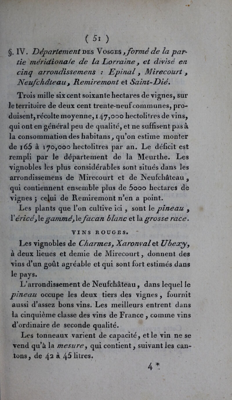 §. IV. Département des Vosges ,formé de la par- tie méridionale de La Lorraine , et divisé en cinq arrondissemens : Epinal, Mirecourt , Neufchâteau , Kemiremont et Saint-Dié, Trois mille six cent soixante hectares de vignes, sur le territoire de deux cent trente-neuf communes, pro- duisent, récolte moyenne, 147,000 hectolitres de vins, qui ont en général peu de qualité, et ne suffisent pas à la consommation des habitans, qu’on estime monter de i6£ à 170,000 hectolitres par an. Le déficit est rempli par le département de la Meurthe. Les vignobles les plus considérables sont situés dans les arrondissemens de Mirecourt et de JNeufchâteau , qui contiennent ensemble plus de 5ooo hectares de vignes $ celui de Remiremont n’en a point. Les plants que l’on cultive ici , sont le pineau , h éricéj le gammé,1efacan blanc et la grosse race. vins ROUGES* - Les vignobles de Charmes, Xaronval et Ubeæy9 à deux lieues et demie de Mirecourt, donnent des vins d’un goût agréable et qui sont fort estimés dans le pays. L’arrondissement de Neufchâteau , dans lequel le pineau occupe les deux tiers des vignes , fournit aussi d’assez bons vins. Les meilleurs entrent dans la cinquième classe des vins de Fiance , comme vins d’ordinaire de seconde qualité. Les tonneaux varient de capacité, et le vin ne se vend qu’à la mesure, qui contient, suivant ies can- tons, de 42 à 45 litres. 4*