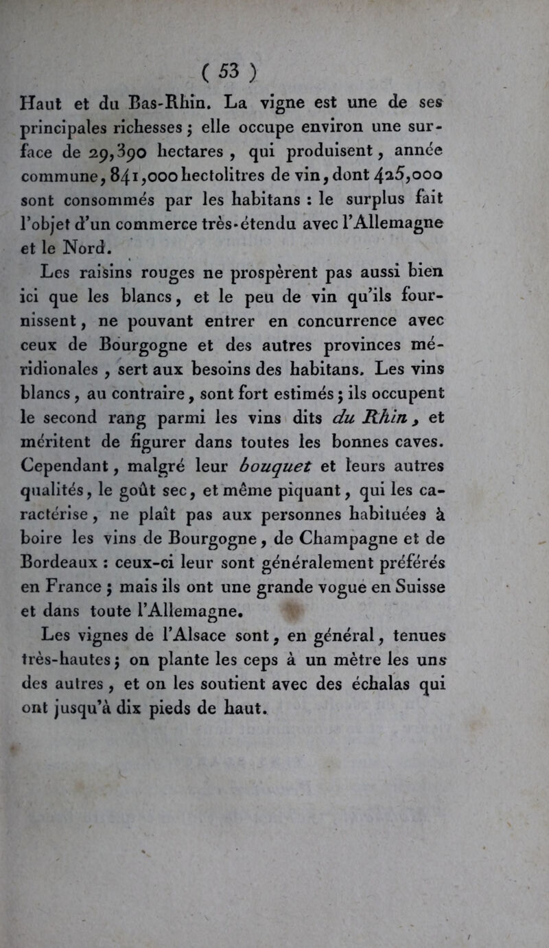Haut et du Bas-Rhin. La vigne est une de ses principales richesses $ elle occupe environ une sur- face de 29,390 hectares, qui produisent, année commune, 841,000hectolitres de vin, dont 4^5,000 sont consommés par les habitans : le surplus fait l’objet d’un commerce très-étendu avec l’Allemagne et le Nord. Les raisins rouges ne prospèrent pas aussi bien ici que les blancs, et le peu de vin qu’ils four- nissent , ne pouvant entrer en concurrence avec ceux de Bourgogne et des autres provinces mé- ridionales , sert aux besoins des habitans. Les vins blancs, au contraire, sont fort estimés ; ils occupent le second rang parmi les vins dits du Rhin, et méritent de figurer dans toutes les bonnes caves. Cependant, malgré leur bouquet et leurs autres qualités, le goût sec, et même piquant, qui les ca- ractérise , ne plaît pas aux personnes habituées à boire les vins de Bourgogne, de Champagne et de Bordeaux : ceux-ci leur sont généralement préférés en France 5 mais ils ont une grande vogue en Suisse et dans toute l’Allemagne, Les vignes de l’Alsace sont, en général, tenues très-hautes 5 on plante les ceps à un mètre les uns des autres , et on les soutient avec des échalas qui ont jusqu’à dix pieds de haut.