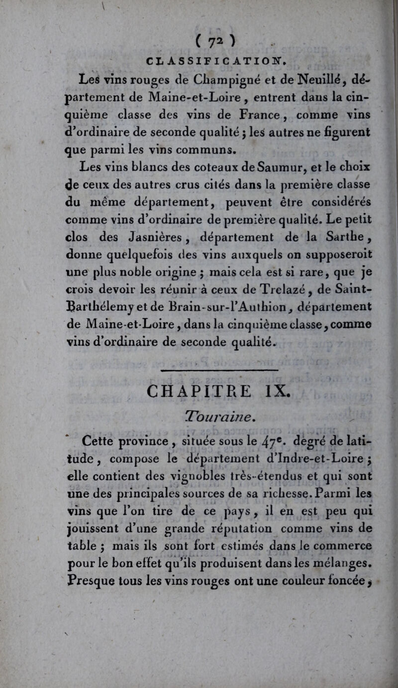 ( 72 ) CLASSIFICATION, Les vins rouges de Champigné et deNeuillé, dé- partement de Maine-et-Loire , entrent dans la cin- quième classe des vins de France, comme vins d’ordinaire de seconde qualité $ les autres ne figurent que parmi les vins communs. Les vins blancs des coteaux deSaumur, et le choix de ceux des autres crus cités dans la première classe du même département, peuvent être considérés comme vins d’ordinaire de première qualité. Le petit clos des Jasnières, département de la Sartbe, donne quelquefois des vins auxquels on supposeroit une plus noble origine 5 mais cela est si rare, que je crois devoir les réunir à ceux de Trelazé , de Saint- Barthélemy et de Brain-sur-l’Authion., département de Maine-et-Loire, dans la cinquième classey comme vins d’ordinaire de seconde qualité. CHAPITRE IX. Touraine. Cette province , située sous le 47e* degré de lati- tude , compose le département d’Indre-et-Loire \ elle contient des vignobles très-étendus et qui sont une des principales sources de sa richesse. Parmi les vins que l’on tire de ce pays, il en est peu qui jouissent d’une grande réputation comme vins de table ; mais ils sont fort estimés dans le commerce pour le bon effet qu’ils produisent dans les mélanges. Presque tous les vins rouges ont une couleur foncée >