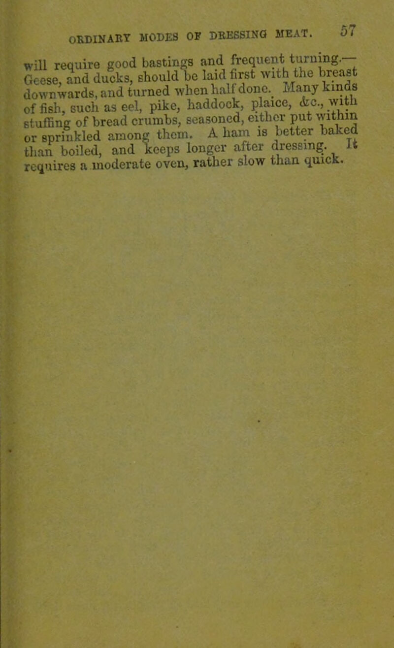 will require good bastings and frequent turning.-— Geese and ducks, should be laid first with the breast downwards, and turned when hall'done. Many kinds of fish, such as eel, pike, haddock, plaice, <kc., with stuffing of bread crumbs, seasoned, either put within or sprinkled among them. A ham is better baked than boiled, and keeps longer after dressing, it requires a moderate oven, rather slow than quick.