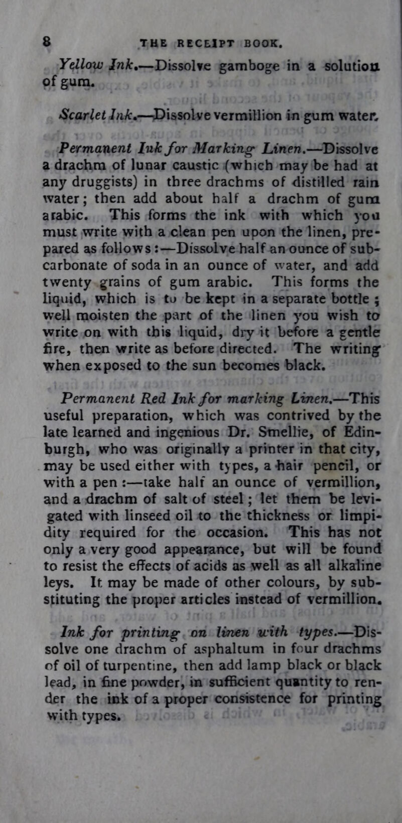 Yellow Ink,—Dissolve gamboge in a solution of gum. Scarlet Ink,—Dissolve Vermillion in gum water. Permanent Ink for Marking Linen.—Dissolve a drachm of lunar caustic (which may be had at any druggists) in three drachms of distilled rain water; then add about half a drachm of gum arabic. This forms the ink with which you must write with a clean pen upon the linen, pre- pared as follows:—Dissolve half an ounce of sub- carbonate of soda in an ounce of water, and add twenty grains of gum arabic. This forms the liquid, which is to be kept in a separate bottle ; well moisten the part of the linen you wish to write on with this liquid, dry it before a gentle fire, then write as before directed. The writing1 when exposed to the sun becomes black. Permanent Red Ink for marking Linen.—This useful preparation, which was contrived by the late learned and ingenious Dr. Smellie, of Edin- burgh, who was originally a printer in that city, may be used either with types, a-hair pencil, or with a pen :—take half an ounce of vermillion, and a drachm of salt of steel; let them be levi- gated with linseed oil to the thickness or limpi- dity required for the occasion. This has not only a very good appearance, but will be found to resist the effects of acids as well as all alkaline leys. It may be made of other colours, by sub- stituting the proper articles instead of vermillion. Ink for printing on linen with types—Dis- solve one drachm of asphaltum in four drachms of oil of turpentine, then add lamp black or black lead, in fine powder, in sufficient quantity to ren- der the ink of a proper consistence for printing with types.