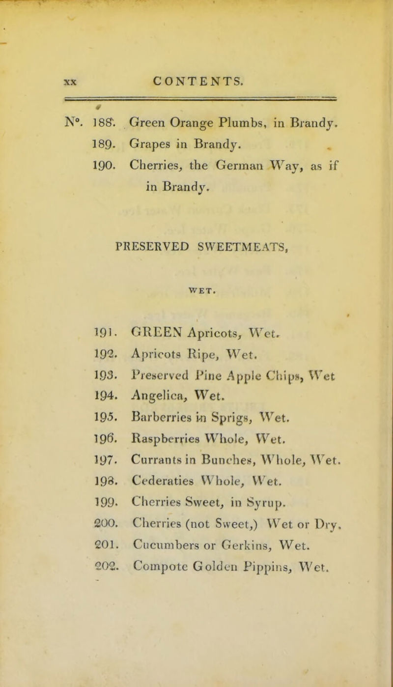 ¥ N°. 18S1. Green Orange Plumbs, in Brandy. 189- Grapes in Brandy. 190. Cherries, the German Way, as if in Brandy. PRESERVED SWEETMEATS, WET. 191 • GREEN Apricots, Wet. 192. Apricots Ripe, Wet. 193. Preserved Pine Apple Chips, Wet 194. Angelica, Wet. 19*5. Barberries hi Sprigs, Wet. 19b- Raspberries Whole, Wet. 197. Currants in Bunches, Whole, Wet. J93. Cederaties Whole, Wet. 199* Cherries Sweet, in Syrup. 200. Cherries (not Sweet,) Wet or Dry. 201. Cucumbers or Gerkins, Wet. 202. Compote Golden Pippins, Wet.