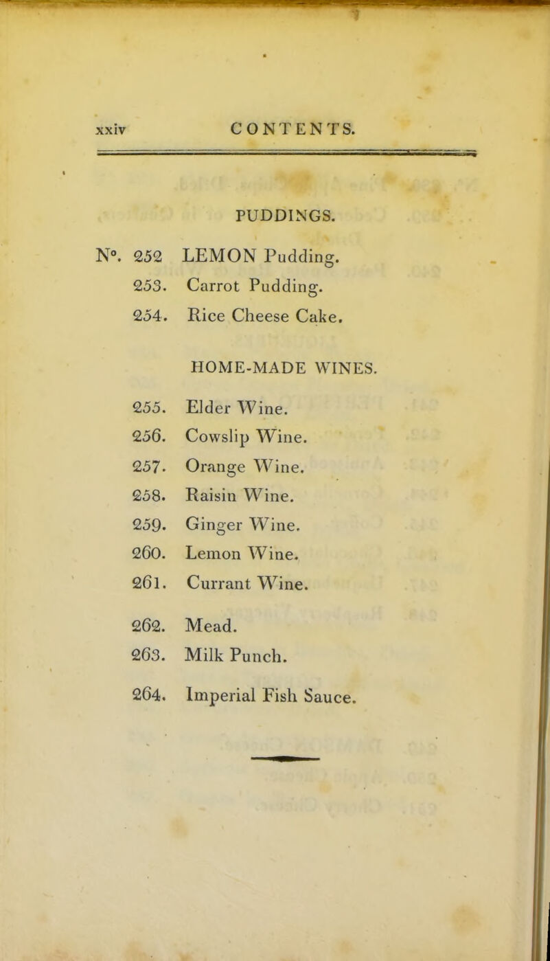 PUDDINGS. N°. 252 LEMON Pudding. 253. Carrot Pudding. 254. Rice Cheese Cake. HOME-MADE WINES. 255. Elder Wine. 256. Cowslip Wine. 257. Orange Wine. 258. Raisin Wine. 259. Ginger Wine. 260. Lemon Wine. 261. Currant Wine. 262. Mead. 263. Milk Punch. 264. Imperial Fish Sauce.