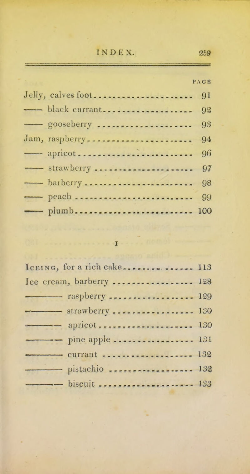 PAGE Jelly, calves foot 91 black currant 92 gooseberry 93 Jam, raspberry 94 apricot 96 strawberry 97 barberry 98 peach 99 plumb 100 1 Tceing, for a rich cake 113 Ice cream, barberry 128 ■ raspberry 129 — strawberry 130 apricot 130 • — pine apple 131 currant 132 pistachio 132 — biscuit 133