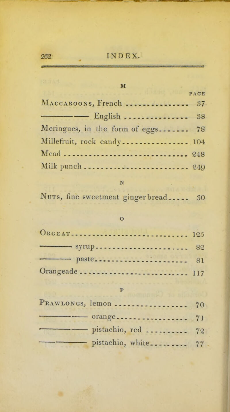 M PAGE Maccaroons, French 37 English 38 Meringues, in the form of eggs 78 Mi lie fruit, rock candy 104 Mead 248 Milk punch 249 N Nuts, fine sweetmeat gingerbread 30 o Orgeat 125 syrup S2 ■ paste 1 81 Orangeade 117 p Prawlongs, lemon 70 orange 7] * pistachio, red 72 • pistachio, white 77