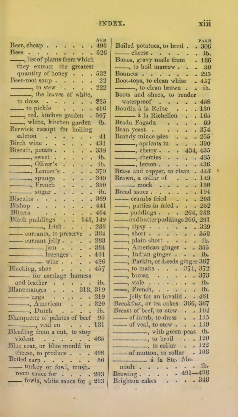 AGB Beer, cheap 498 Bees 526 , list of plants from which they extract die greatest quantity of honey • • • 532 Beet-root soup . . • • • 22 , to stew • • • 222 , the leaves of white, to dress . . . ■ • • 225 to pickle • • • 416 , red, kitchen garden . 507 , white, kitchen garden ib. Berwick receipt for boiling salmon . . . 41 Birch wine . . . Biscuit, potato . . ■ • • 338 , sweet . . • • • ib. , Oliver’s . • • • ib. ., Leman’s . • • • 370 ,spunge . • • • 349 , French • • • 350 sugar . . • • ib. Biscuits .... Bishop .... 441 Bitters . . . 464 Black puddings . 148, 149 Irish . • • • 288 ■ currants, to preserve . 384 currant jelly. • • • 383 • jam . • • • 384 lozenges • • • 401 wine . • • • 426 Blacking, shoe • • • 457 for carriage harness and leather ib. Blancmanges . . . 318, 319 eggs 319 , American . . . 320 , Dutch . . . . ib. Blanquette of palates of beef 95 , veal en ... 131 Bleeding from a cut, to stop violent 465 Blu e coat, or blue mould in cheese, to produce . . . 488 Boiled carp 50 turkey or fowl, mush- room sauce for . . . . 203 fowls, white sauce for . 283 Boiled potatoes, to broil . PAGE . 306 cheese Bones, gravy made from . 186 , to boil marrow . . . 90 Bonnets Boot-tops, to clean white . 457 , to clean brown . . ib. Boots and shoes, to render waterproof .... . 458 Boudin & la Reine . . . 130 a la Richelieu . 165 Bradu Fagadu . . . . 69 Bran yeast . ... . 374 Brandy mince pies . . . 255 , apricots in . . . 390 , cherry . . . 434, 435 , cherries . . . . 435 , lemon .... . 436 Brass and copper, to clean . 448 Brawn, a collar of . 149 mock . 150 Bread sauce . . . . . . 194 crumbs fried . . . 208 , patties in fried . . . 252 puddings . . . 264, 283 and butter puddings 266, 291 , tipsy . 339 , short . 358 , plain short . . . . ib. , American ginger . . 365 , Indian ginger . . ib. ., Parkin, or Leeds ginger 367 ., to make . . . 3/1, 372 , brown 373 , stale . . . . . . ib. , French, ib. — jehy for an invalid . .461 Breakfast, or tea cakes 366, 367 Breast of beef, to stew . .104 of lamb, to dress . .115 of veal, to stew . . .119 , with green peas ib. , to broil . . 120 , to collar . .122 of mutton, to collar . 108 a la Ste. Me-. noult ib. Brewing 491—4!)8 Brighton cakes .... 348
