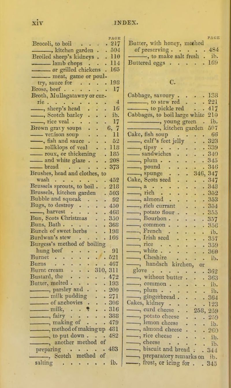 PAGE Brocoli, to boil . . r .217 , kitchen garden . . 504 Broiled sheep’s kidneys „ .110 lamb chops . . .114 or grilled chickens . 1G5 — meat, game or poul- try, sauce for Brose, beef .... Broth, Mullagatawny or rie , sheep’s head . , Scotch barley . , rice veal . . . Brown gravy soups . venison soup , fish and sauce . rollklops of veal roux, or thickening and white glaze . bread Brushes, head and clothe wash ur- to 198 17 4 . 16 . ib. • 17 G, 7 . 11 . 52 . 118 . 185 . 208 . 373 452 Brussels sprouts, to boil . . 218 Brussels, kitchen garden . 503 Bubble and squeak . . . 92 Bugs, to destroy . . . . 450 , harvest .... . 4GS Bun, Scots Christmas . 350 Buns, Bath Bunch of sweet herbs . 198 Burdwan’s stew . . . . 1GG Burgess’s method of boili ng hung beef .... . 91 Burnet Burns Burnt cream . . . 310,311 Bustard, the .... • 472 Butter, melted .... . 193 - , parsley and . . . 200 milk pudding • 271 of anchovies . . . 306 . ., milk,, . • , . 316 , fairy .... . 388 , making of . . . 479 , method of making up 481 , to put down . . . 482 , another method of preparing 483 , Scotch method of salting ib. PAGE Butter, with honey, method of preserving 484 , to make salt fresh . ib. Buttered eggs . . . . . 169 C. Cabbage, savoury . . . . 138 , to stew red . . . 221 , to pickle red . . 417 Cabbages, to boil large white 210 , young green . ib. , kitchen garden 507 Cake, fish soup . . 66 , calf’s feet jelly . . 323 , tipsy .... sandwiches . . . 340 , plum .... , pound . . . . . 346 ,spunge . . . 346, 347 Cake, Scots seed . . . . 347 > a , rich .... . . 352 , almond . . . . . 353 , rich currant . . 354 , potato flour . . . . 355 , Bourbon . . . . . 357 , common . . . . . 356 , French . . . . ib. , Irish seed . . . . 357 , rice .... . . 359 , white .... , Cheshire . . ib. , liandsch kirchen or glove , without butter . . . 363 , common . . . . . ib. , plum .... , gingerbread . . . . 364 Cakes, kidney . . . . . 123 ., curd cheese . . 258, 259 , potato cheese . . 250 ■, lemon cheese • . ib. ■ , almond cheese . • • 260 • , rice cheese . . • • ib. , cheese . . • . ib. -, biscuit and bread ; . 344 • , preparatory remarks on ib. , frost, or icing for . . 345