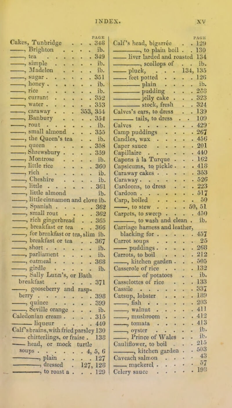 Cakes, Tunbridge PAGE . . 348 , Brighton . . . . ib. , tea .... , simple . . . . . ib. , Madelon . . . . ib. , sugar .... . . 351 , honey .... . • ib. , rice .... . . ib. , currant . . . . . 352 , water .... , caraway . . 353, 354. , Banbury . . . . 354 , rout .... , small almond . • • Boo , the Queen’s tea . . ib. , queen . . . . . 358 , Shrewsbury . . . . 359 , Montrose . . . . ib. , little rice . . . . 360 , rich . . . . . ib. , Cheshire . . . . ib. , little .... , little almond ib. , little cinnamon and clove ib. , Spanish . . . . . 362 , small rout . . . . 362 , rich gingerbread . . 365 , breakfast or tea . . 366 for breakfast or tea, slim ib. , breakfast or tea '. . 367 , short .... . . ib. , parliament . . . . ib. , oatmeal . . . . . 368 , girdle . . . . . ib. , Sally Lunn’s, or Bath breakfast . . . . . 371 , gooseberry and rasp- berry , quince . . . . . 399 , Seville orange . . . ib. Caledonian cream . . . 315 liqueur . . . . 440 Calf’s brains, with fried parsley 130 chitterlings, or fraise . 138 ■ head, or mock turtle soups . 4, 5, 6 , plain . . . . 127 5 dressed 127, 128 , to roast a . . . 129 Calf’s head, bigarree PAGE . . 12U , to plain boil . . 130 liver larded and roasted 134 , scollops of . . ib. pluck, . . . 134, 135 feet potted . . . . 126 plain . . . . ib. pudding . . 258 jelly cake . . . 323 stock, fresh . . 324 Calves’s ears, to dress . . 139 tails, to dress . 109 Calves Camp puddings . . . . 267 Candles, wax . . . Caper sauce . . • . . 201 Capillaire .... Capons a la Turque . . . 162 Capsicums, to pickle . . . 418 Caraway cakes . . . . . 353 Caraway Cardoons, to dress . . 223 Cardoon ..... . .517 Carp, boiled . . . . . 50 , to stew . . . . 50, 51 Carpets, to sweep . . . . 450 , to wash and clean . ib. Carriage harness and leather. blacking for 457 Carrot soups 25 puddings 268 Carrots, to boil . . . .212 , kitchen garden . . . 505 Casserole of rice . . . .132 of potatoes . . ib. Casselottes of rice . . .133 Cassile Catsup, lobster . . , fish .... , walnut . . . , mushroom . . , tomata . . . , oyster . . . , Prince of Wales Cauliflower, to boil . , kitchen garden Caveach salmon . . mackerel . . • Celery sauce . • • . 180 . 203 . 411 . 412 . 413 . ib. . ib. . 215 . 503 . 43 • 57 . 198