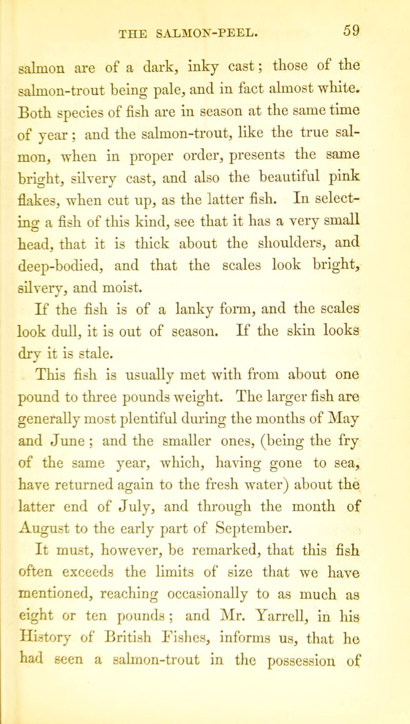 salmon are of a dark, inky cast; those of the salmon-trout being pale, and in fact almost white. Both species of fish are in season at the same time of year; and the salmon-trout, like the true sal- mon, when in proper order, presents the same bright, silvery cast, and also the beautiful pink flakes, when cut up, as the latter fish. In select- ing a fish of this kind, see that it has a very small head, that it is thick about the shoulders, and deep-boclied, and that the scales look bright, silvery, and moist. If the fish is of a lanky form, and the scales look dull, it is out of season. If the skin looks dry it is stale. This fish is usually met with from about one pound to three pounds weight. The larger fish are generally most plentiful during the months of May and June ; and the smaller ones, (being the fry of the same year, which, having gone to sea, have returned again to the fresh water) about the latter end of July, and through the month of August to the early part of September. It must, however, be remarked, that this fish often exceeds the limits of size that we have mentioned, reaching occasionally to as much as eight or ten pounds ; and Mr. Yarrell, in his History of British Fishes, informs us, that ho had seen a salinon-trout in the possession of