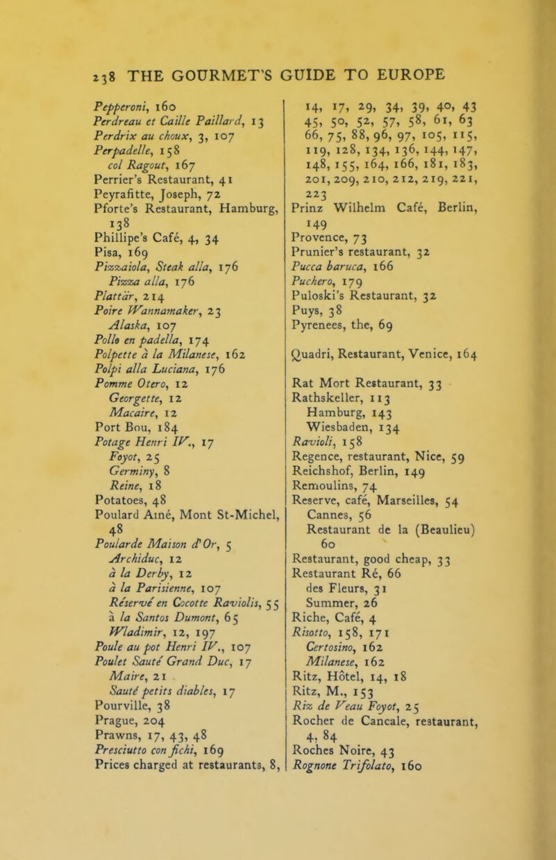 Pepf/eroni, i6o Perdreau et Ca 'tlle Paillard, 13 Perdrix au choux, 3, 107 Per paddle, 158 col Ragout, 167 Perrier’s Restaurant, 41 Peyrafitte, Joseph, 72 Pforte’s Restaurant, Hamburg, '!3? Phillipe’s Cafe, 4, 34 Pisa, 169 Pi%%aiola, Steak alia, 176 Pizza alia, 176 Plat tar, 214 Poire IVannamaker, 23 Alaska, 107 Polio en padella, 174 Polpette d la Milanese, i6z Polpi alia Luciana, 176 Pomme Otero, 12 Georgette, 12 Mac air e, 12 Port Bou, 184 Potage Henri IH., 17 Foyot, 25 Germiny, 8 Reine, i8 Potatoes, 48 Poulard Aine, Mont St-Michcl, 48 Poularde Maison d'Or, 5 Archiduc, 12 d la Derby, 12 d la Parisienne, 107 Reserve en Cocotte Raviolis, 5 5 a la Santos Dumont, 65 Wladimir, 12, 197 Poule au pot Henri IF., 107 Poulet Saute' Grand Due, 17 Maire, 21 Sautd petits diables, 17 Pourville, 38 Prague, 204 Prawns, 17, 43, 48 Presciutto con fichi, 169 Prices charged at restaurants, 8, 14, 17, 29, 34, 39, 40. 43 45. 50. 52. 57. 58. 61, 63 66, 75, 88,96, 97, 105, 115, 119, 128, 134, 136,144, 147, 148, 155, 164, 166, 181, 183, 201, 209, 210, 212, 219, 221, 223 Prinz Wilhelm Cafe, Berlin, 149 Provence, 73 Prunier’s restaurant, 32 Pucca baruca, i66 Pucker 0, 179 Puloski’s Restaurant, 32 Puys, 38 Pyrenees, the, 69 Quadri, Restaurant, Venice, 164 Rat Mort Restaurant, 33 Rathskeller, 113 Hamburg, 143 Wiesbaden, 134 Ravioli, 158 Regence, restaurant, Nice, 59 Reichshof, Berlin, 149 Remoulins, 74 Reserve, cafe, Marseilles, 54 Cannes, 56 Restaurant de la (Beaulieu) 60 Restaurant, good cheap, 33 Restaurant Re, 66 des Fleurs, 31 Summer, 26 Riche, Cafe, 4 Risotto, 158, 171 Certosino, 162 Milanese, 162 Ritz, Hotel, 14, 18 Ritz, M., 153 Riz de Veau Foyot, 25 Rocher de Cancale, restaurant, 4. 84 Roches Noire, 43 Rognone Trifolato, 160