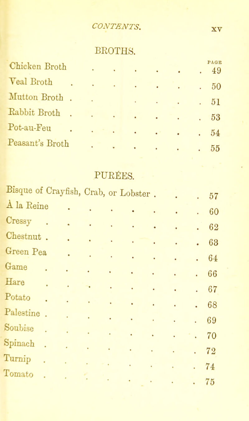 XV Chicken Broth BROTHS. Teal Broth Mutton Broth . , Rabbit Broth . Pot-au-Feu Peasant’s Broth • » • PAGE . 49 . 50 . 51 . 53 . 54 . 55 PUREES. Bisque of Crayfish, Crab, or Lobster . A la Reine Cressy Chestnut . Green Pea Game Hare Potato Palestine . Soubise Spinach . Turnip Tomato . . 57 . 60 . 62 . 63 . 64 . 66 . 67 . 68 . 69 . 70 . 72 . 74 . 75