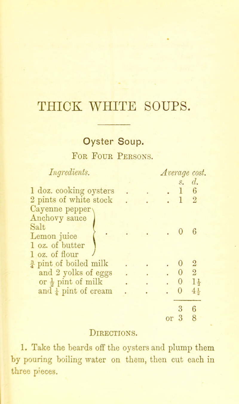 THICK WHITE SOUPS. Oyster Soup. For Four Persons. Ingredients. 1 doz. cooking oysters 2 pints of white stock Cayenne pepper Anchovy sauce Salt Lemon juice 1 oz. of butter 1 oz. of flour pint of boiled milk and 2 yolks of eggs or b pint of milk and d pint of cream Average cost. s. d. . 1 6 . 1 2 . 0 6 . 0 2 . 0 2 . 0 H . 0 U 3 6 or 3 8 Directions. 1. Take the beards off the oysters and plump them by pouring boiling water on them, then cut each in three pieces.
