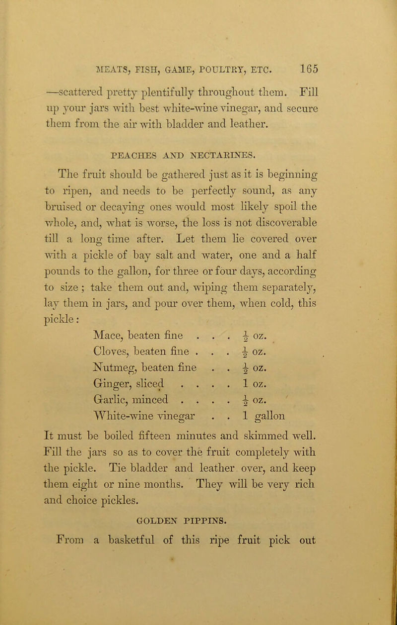 —scattered pretty plentifully throughout them. Fill up your jars with best white-wine vinegar, and secure them from the air with bladder and leather. PEACHES AND NECTARINES. The fruit should be gathered just as it is beginning to ripen, and needs to be perfectly sound, as any bruised or decaying ones would most likely spoil the whole, and, what is worse, the loss is not discoverable till a long time after. Let them lie covered over with a pickle of bay salt and water, one and a half pounds to the gallon, for three or four days, according to size ; take them out and, wiping them separately, lay them in jars, and pour over them, when cold, this pickle : Mace, beaten fine . . ^ oz. Cloves, beaten fine . . . oz. Nutmeg, beaten fine . . ^ oz. Ginger, sliced . . . . 1 oz. Garlic, minced . . . . |oz. White-wine vinegar O . . 1 gallo It must be boiled fifteen minutes and slummed well. Fill the jars so as to cover the fruit completely with the pickle. Tie bladder and leather over, and keep them eight or nine months. They will be very rich and choice pickles. GOLDEN PIPPINS. From a basketful of this ripe fruit pick out