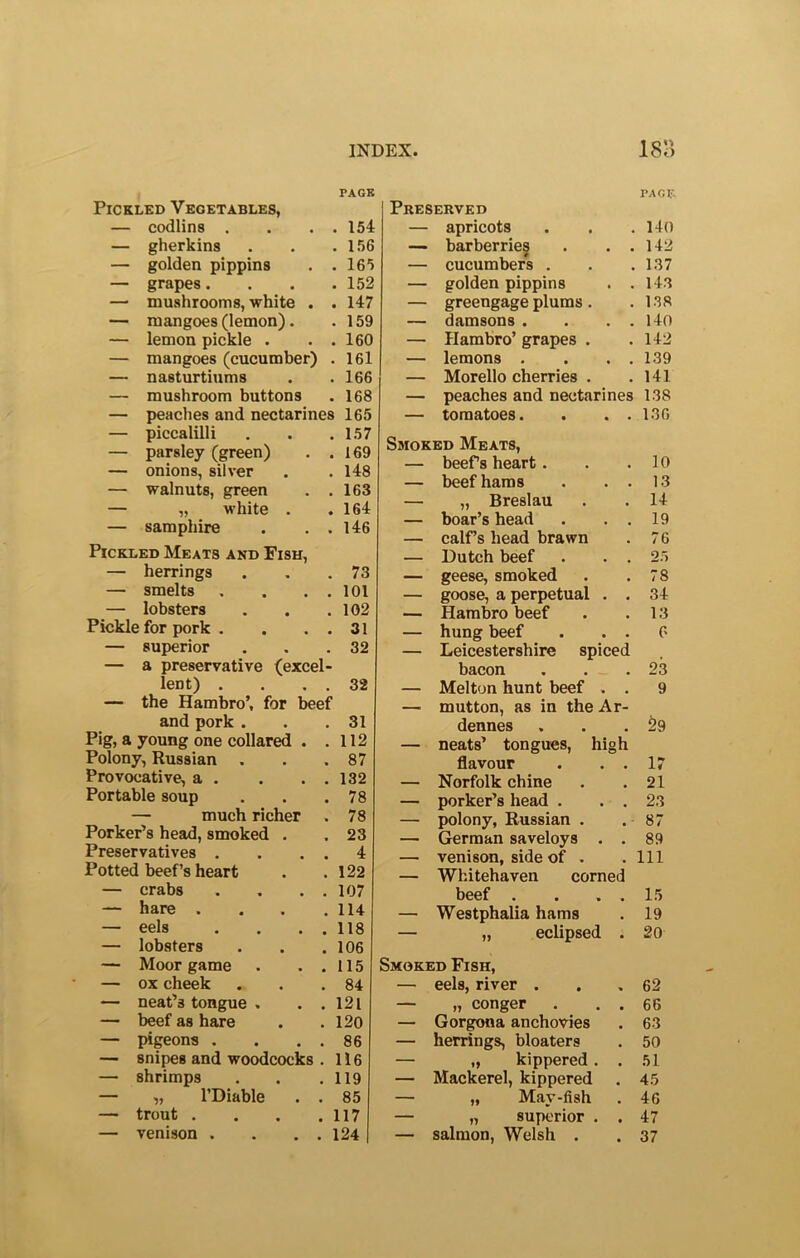 Pickled Vegetables, PAGK — codlins . . 154 — gherkins . 156 — golden pippins . 165 — grapes. . 152 — mushrooms, white . . 147 — mangoes (lemon). . 159 — lemon pickle . . 160 — mangoes (cucumber) . 161 — nasturtiums . 166 — mushroom buttons . 168 — peaches and nectarines 165 — piccalilli . 157 — parsley (green) . 169 — onions, silver . 148 — walnuts, green . 163 — „ white . . 164 — samphire . 146 Pickled Meats and Fish, — herrings . 73 — smelts . 101 — lobsters . 102 Pickle for pork . . 31 — superior . 32 — a preservative (excel- lent) . . 32 — the Hambro’, for beef and pork . . 31 Pig, a young one collared . . 112 Polony, Russian . . 87 Provocative, a . . 132 Portable soup . 78 —• much richer . 78 Porker’s head, smoked . . 23 Preservatives . . 4 Potted beef’s heart . 122 — crabs . 107 — hare . . 114 — eels . 118 — lobsters . 106 — Moor game . 115 — ox cheek . 84 — neat’s tongue . . 121 — beef as hare . 120 — pigeons . . 86 — snipes and woodcocks . 116 — shrimps . 119 — „ l’Diable . 85 — trout . . 117 — venison . 124 )EX. •• •*' CO PAGE Preserved — apricots 140 — barberries . . . 142 — cucumbers . 137 — golden pippins . . 143 — greengage plums. 138 — damsons . . . . 140 — Hambro’ grapes . 142 — lemons . . . . 139 — Morello cherries . 141 — peaches and nectarines 138 — tomatoes. . . . 136 Smoked Meats, — beefs heart . 10 — beef hams . . . 13 — „ Breslau 14 — boar’s head . . . 19 — calf’s head brawn 76 — Dutch beef . . . 25 — geese, smoked 78 — goose, a perpetual . . 34 — Hambro beef 13 — hung beef . . . 6 — Leicestershire spiced bacon 23 — Melton hunt beef . . 9 . mutton, as in the Ar- dennes 29 — neats’ tongues, high flavour . . . 17 — Norfolk chine 21 — porker’s head . . . 23 — polony, Russian . 87 — German saveloys . . 89 — venison, side of . 111 — Whitehaven corned beef . . . . 15 — Westphalia hams 19 — „ eclipsed . 20 Smoked Fish, — eels, river . 62 — „ conger . . . 66 — Gorgona anchovies 63 — herrings, bloaters 50 — „ kippered . . 51 — Mackerel, kippered 45 — „ May-fish 46 — „ superior . . 47 — salmon, Welsh . 37