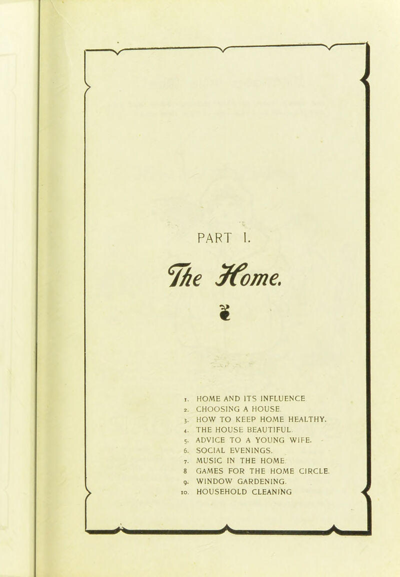 PART I. The Jfome. ¥ 1. 2. 3- 4- 5- 6. 7- 8 9- io. HOME AND ITS INFLUENCE CHOOSING A HOUSE HOW TO KEEP HOME HEALTHY. THE HOUSE BEAUTIFUL ADVICE TO A YOUNG WIFE. SOCIAL EVENINGS. MUSIC IN THE HOME GAMES FOR THE HOME CIRCLE. WINDOW GARDENING.