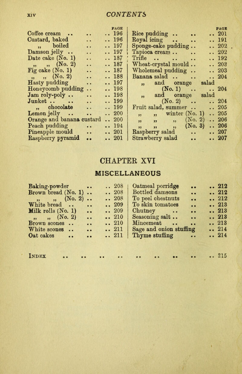 Coffee cream PAGE .. 196 Custard, baked .. 196 „ boiled .. 197 Damson jelly .. .. 197 Date cake (No. 1) .. 187 „ „ (No. 2) .. .. 187 Fig cake (No. 1) .. 187 *f „ (No. 2) .. 188 Hasty pudding .. 197 Honeycomb pudding .. .. 198 Jam roly-poly .. .. 198 Junket .. .. 199 „ chocolate .. 199 Lemon jelly .. 200 Orange and banana custard .. 200 Peach pudding .. 194 Pineapple mould .. 201 Raspberry pyramid . • .. 201 PAGE Rice pudding .. Royal icing Sponge-cake pudding .. Tapioca cream .. Trifle Wheat-crystal mould .. Wholemeal pudding .. Banana salad .. „ and orange (No. 1) „ and orange (No. 2) .. Fruit salad, summer .. „ „ winter (No. 1) .. 205 5* 55 (No. 2) .. 206 5) >1 5) (No. 3) .. 206 Raspberry salad • • .. 207 Strawberry salad • • .. 207 • • Aj\J X .. 191 .. 202 . .. 202 .. 192 .. 203 .. 203 .. 204 salad .. 204 salad .. 204 .. 205 CHAPTER XVI MISCELLANEOUS Baking-powder • • .. 208 Brown bread (No. 1) .. .. 208 ,, ,, (No. 2) .. .. 208 White bread • • .. 209 Milk rolls (No. 1) • • .. 209 „ „ (No. 2) • • .. 210 Brown scones .. • • .. 210 White scones .. • • .. 211 Oat cakes • • .. 211 Oatmeal porridge • • .. 212 Bottled damsons • • .. 212 To peel chestnuts • • .. 212 To skin tomatoes • • .. 213 Chutney • • .. 213 Seasoning salt .. • • .. 213 Mincemeat • • .. 213 Sage and onion stuffing .. 214 Thyme stuffing • • .. 214 HI 5 Index