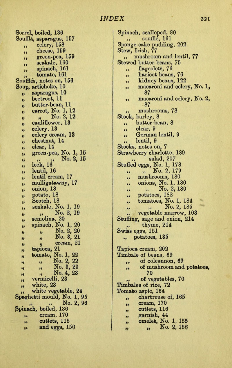 Sorrel, boiled, 136 Souffle, asparagus, 157 ,, celery, 158 ,, cheese, 159 ,, green-pea, 159 „ seakale, 160 ,, spinach, 161 ,, tomato, 161 Souffles, notes on, 156 Soup, artichoke, 10 „ asparagus, 10 „ beetroot, 11 „ butter-bean, 11 „ carrot, No. 1, 12 ,, ,, No. 2, 12 „ cauliflower, 13 „ celery, 13 „ celery cream, 13 „ chestnut, 14 „ clear, 14 „ green-pea, No. 1, 15 „ ,, „ No. 2, 15 „ leek, 16 „ lentil, 16 „ lentil cream, 17 „ mulligatawny, 17 „ onion, 18 „ potato, 18 „ Scotch, 18 ,, seakale, No. 1, 19 „ „ No. 2, 19 „ semolina, 20 „ spinach, No. 1, 20 „ „ No. 2, 20 „ „ No. 3, 21 „ „ cream, 21 „ tapioca, 21 „ tomato, No. 1, 22 „ ., No. 2, 22 „ No. 3, 23 „ „ No. 4, 23 „ vermicelli, 23 „ white, 23 „ white vegetable, 24 Spaghetti mould, No. 1, 95 ,, ,, No. 2, 96 Spinach, boiled, 136 „ cream, 170 „ cutlets, 115 9, and eggs, 150 Spinach, scalloped, 80 ,, souffle, 161 Sponge-cake pudding, 202 Stew, Irish, 77 „ mushroom and lentil, 77 Stewed butter beans, 75 ,, flageolets, 76 ,, haricot beans, 76 ,, kidney beans, 122 ,, macaroni and celery, No. 1, 87 „ macaroni and celery, No. 2, 87 „ mushrooms, 78 Stock, barley, 8 „ butter-bean, 8 „ clear, 9 ,, German lentil, 9 ,, lentil, 9 Stocks, notes on, 7 Strawberry charlotte, 189 ,, salad, 207 Stuffed eggs, No. 1, 178 „ „ No. 2, 179 „ mushrooms, 180 „ onions, No. 1, 180 ,, ,, No. 2, 180 ,, potatoes, 182 ,, tomatoes, No. 1, 184 „ „ No. 2, 185 ,, vegetable marrow, 103 Stuffing, sage and onion, 214 ,, thyme, 214 Swiss eggs, 151 „ potatoes, 135 Tapioca cream, 202 Timbale of beans, 69 ,, of colcannon, 69 ,, of mushroom and potatoes, 70 ,, of vegetables, 70 Timbales of rice, 72 Tomato aspic, 164 99 chartreuse of, 165 99 cream, 170 99 cutlets, 116 99 garnish, 44 99 omelet, No. 1, 155 99 „ No. 2, 156