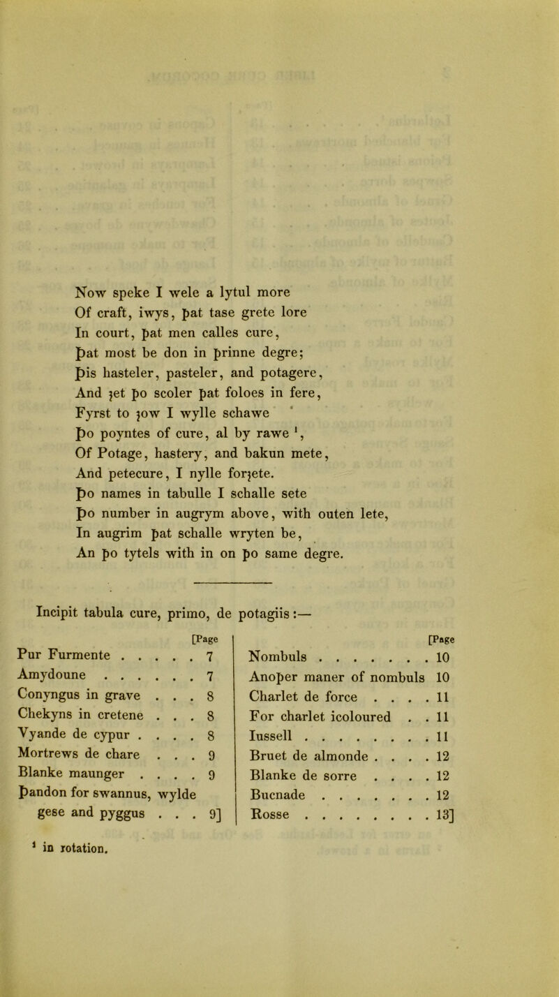 Of craft, iwys, pat tase grete lore In court, pat men calles cure, pat most be don in prinne degre; pis hasteler, pasteler, and potagere, And jet po scoler pat foloes in fere, Fyrst to jow I wylle schawe po poyntes of cure, al by rawe *, Of Potage, hastery, and bakun mete. And petecure, I nylle forjete. po names in tabulle I schalle sete po number in augrym above, with outen lete. In augrim pat schalle wryten be. An po tytels with in on po same degre. Incipit tabula cure, primo, de potagiis:— [Page Pur Furmente 7 Amydoune 7 Conyngus in grave ... 8 Chekyns in cretene ... 8 Vyande de cypur .... 8 Mortrews de chare ... 9 Blanke maunger .... 9 pandon for swannus, wylde gese and pyggus ... 9] [Page Nombuls 10 Anoper maner of nombuls 10 Charlet de force . . . .11 For charlet icoloured . .11 lussell II Bruet de almonde .... 12 Blanke de sorre .... 12 Bucnade 12 Posse 13] * in rotation.