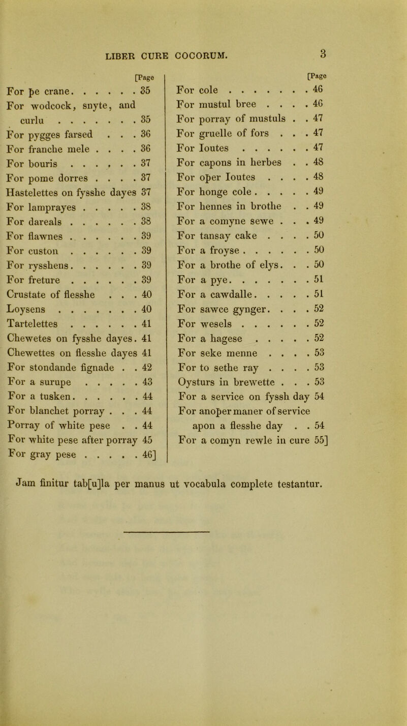 [Page [Page For pe crane. . . . . . 35 For cole . 46 For wodcock, snyte, and For mustul bree . . . 46 curlu . . 35 For porray of mustuls . 47 For pygges farsed . . 36 For gruelle of fors . . 47 For francbe mele . . . . 36 For loutes .... . 47 For bouris .... . . 37 For capons in herbes . 48 For pome dorres . . . . 37 For oper loutes . . . 48 Hastelettes on iysshe dayes 37 For honge cole . . . . 49 For lamprayes . . . . . 38 For hennes in brothe . 49 For dareals .... . . 38 For a comyne sewe . . 49 For flawnes .... . . 39 For tansay cake . . . 50 For custon .... . . 39 For a froyse .... . 50 For ryssbens.... . . 39 For a brothe of elys. . 50 For freture .... . . 39 For a pye . 51 Crustate of flesshe . . 40 For a cawdalle. . . . 51 Loysens . . 40 For sawce gynger. . . 52 Tartelettes .... . . 41 For wesels .... . 52 Chewetes on fysshe dayes. 41 For a hagese . . . . 52 Chewettes on flesshe dayes 41 For seke menne . . . 53 For stondande fignade . . 42 For to sethe ray . . . 53 For a surupe . . . . . 43 Oysturs in brewette . . 53 For a tusken. . . . . . 44 For a service on fyssh day 54 For blanchet porray . . . 44 For anopermaner of service Porray of white pese . . 44 apon a flesshe day • . 54 For white pese after porray 45 For a comyn rewle in cure 55] For gray pese . . . . . 46] Jam finitur tab[u]la per maims ut vocabula complete testantur.