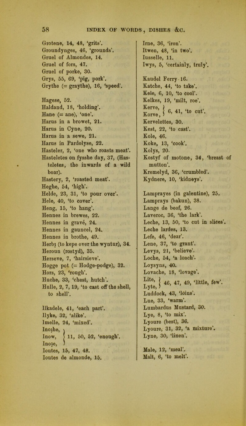 Grotene, 14, 48, ‘grits’. Groundynges, 46, ‘grounds’. Gruel of Almondes, 14. Gruel of fors, 47. Gruel of porke, 30. Grys, 55, 69, ‘pig, pork’. Grythe (= graythe), 16, ‘speed’. Hagese, 52. Haldand, 18, ‘holding’. Hane (= ane), ‘one’. Harus in a browet, 21. Harus in Cyne, 20. Harus in a sewe, 21. Harus in Pardolyse, 22. Hasteler, 2, ‘one who roasts meat’. Hasteletes on fysshe day, 37, (Has- teletes, the inwards of a wild boar). Hastery, 2, ‘roasted meat’. Heghe, 54, ‘high’. Helde, 23, 31, ‘to pour over’. Hele, 40, ‘to cover’. Heng, 15, ‘to hang’. Hennes in brewes, 22. Hennes in grave, 24. Hennes in gauncel, 24. Hennes in brothe, 49. Herbj (to kepe over the wyntur), 34. Heroun (rostyd), 35. Herseve, 7, ‘hairsieve’. Hogge pot (= Hodge-podge), 32. Hors, 23, ‘rough’. Huche, 33, ‘chest, hutch’. Hulle, 2, 7,19, ‘to cast off the shell, to shell’. Ilkadele, 41, ‘each part’. Ilyke, 32, ‘alike’. Imelle, 24, ‘mixed’. Inojhe, \ Inow, ( 11, 50, 52, ‘enough’. Inoje, ) loutes, 15, 47, 48. loutes de almonde, 15. Irne, 36, ‘iron’. Itwen, 48, ‘in two’, lusselle, 11. Iwys, 5, ‘certainly, truly’. Kaudel Ferry-16. Katche, 44, ‘to take’. Kele, 6, 10, ‘to cool’. Kelkes, 19, ‘milt, roe’. Kr^’, 1 Kervelettes, 30. Kest, 22, ‘to cast’. Kole, 46. Koke, 13, ‘cook’. Kolys, 20. Kostyf of motone, 34, ‘breast of mutton’. Kremelyd, 36, ‘crumbled’. Kydnere, 10, ‘kidneys’. Lamprayes (in galentine), 25. Lamprays (bakun), 38. Lange de beof, 26. Laveroc, 36, ‘the lark’. Leche, 13, 50, ‘to cut in slices’. Leche lardes, 13. Lefe, 46, ‘dear’. Lene, 37, ‘to grant’. Levys, 21, ‘believe’. Loche, 54, ‘a loach’. Loysyns, 40. Lovache, 18, ‘lovage’. \ 46, 47, 49, ‘little, few’. Lyte, ) Luddock, 43, ‘loins’. Lue, 33, ‘warm’. Lumbardus Mustard, 30. Lye, 8, ‘to mix’. Lyoure (best), 36. Lyoure, 31, 32, ‘a mixture’. Lyne, 30, ‘linen’. Male, 12, ‘meal’. Malt, 6, ‘to melt’.