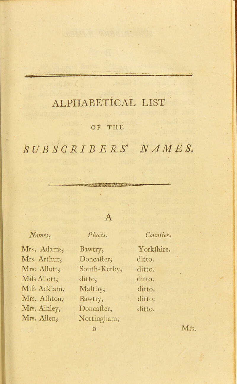 ALPHABETICAL LIST OF THE SUBSCRIBERS’ NAMES. A Names, Places. Countiesi Mrs. Adams, Bawtry, Yorkfhire, Mrs. Arthur, Doncafter, ditto. Mrs. Allott, South-Kerby, ditto. Mifs Allott, ditto, ditto. Mils Acklam, Maltby, ditto. Mrs. Afhton, Bawtry, ditto. Mrs. Ainley, Doncafter, ditto. Mrs. Allen, Nottingham,