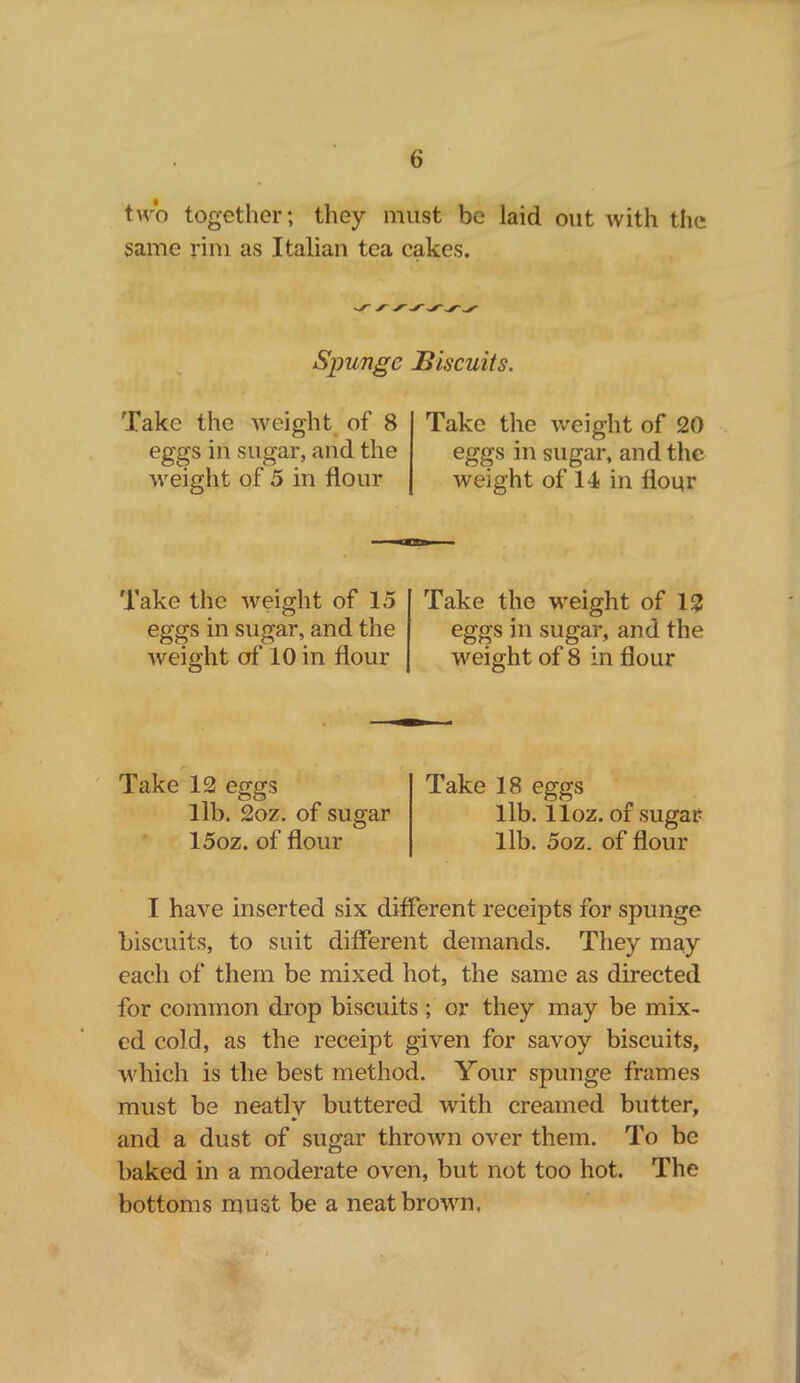 two together; they must be laid out with the same rim as Italian tea cakes. Spunge Biscuits. Take the weight of 8 eggs in sugar, and the weight of 5 in flour Take the weight of 20 eggs in sugar, and the weight of 14 in flour Take the weight of 15 eggs in sugar, and the weight of 10 in flour Take the weight of 12 eggs in sugar, and the weight of 8 in flour Take 12 eggs lib. 2oz. of sugar 15oz. of flour Take 18 eggs lib. lloz. of sugar lib. 5oz. of flour I have inserted six different receipts for spunge biscuits, to suit different demands. They may each of them be mixed hot, the same as directed for common drop biscuits ; or they may be mix- ed cold, as the receipt given for savoy biscuits, which is the best method. Your spunge frames must be neatly buttered with creamed butter, and a dust of sugar thrown over them. To be baked in a moderate oven, but not too hot. The bottoms must be a neat brown.