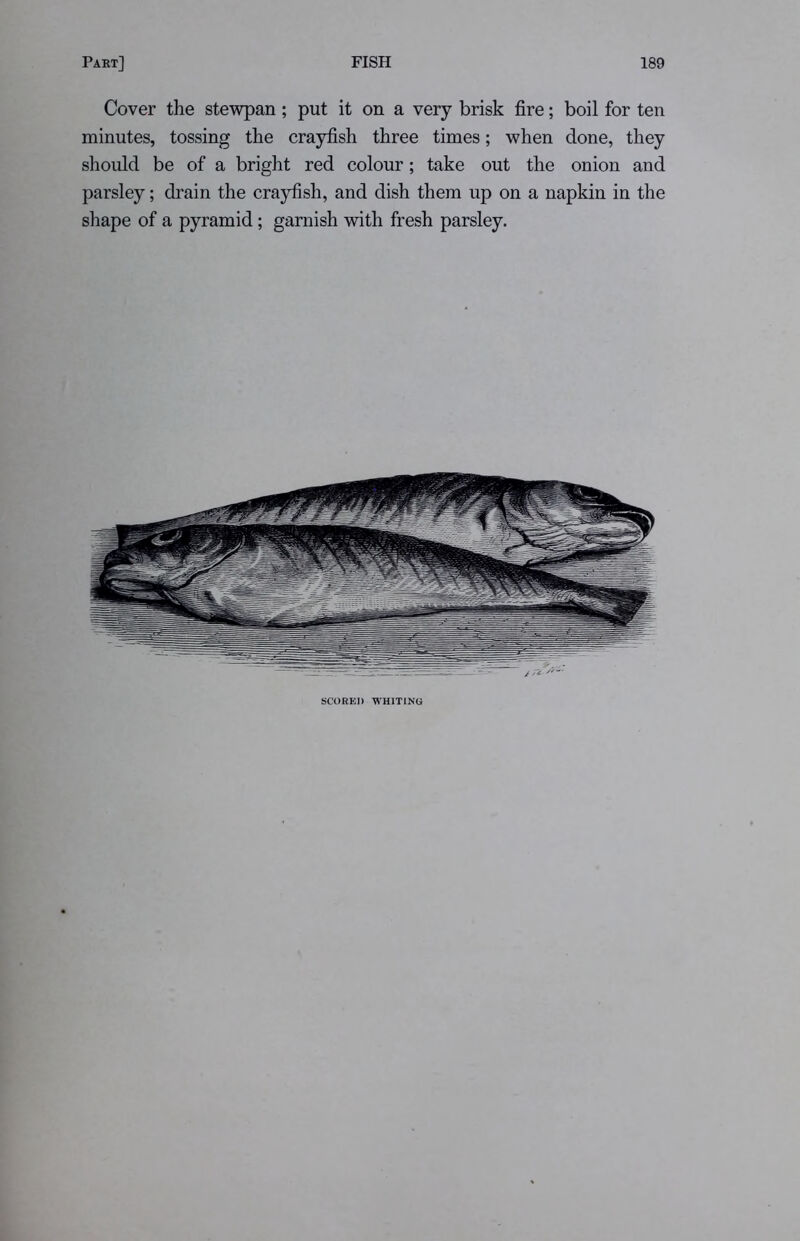 Cover the stewpan; put it on a very brisk fire; boil for ten minutes, tossing the crayfish three times; when done, they should be of a bright red colour; take out the onion and parsley; drain the crayfish, and dish them up on a napkin in the shape of a pyramid; garnish with fresh parsley. SCORED WHITING