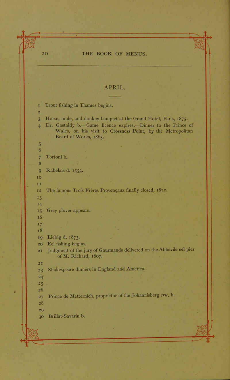 APRIL. 1 Trout fishing in Thames begins. 2 3 Horse, mule, and donkey banquet at the Grand Hotel, Paris, 1875. 4 Dr. Gastaldy b.—Game licence expires.—Dinner to the Prince of Wales, on his visit to Crossness Point, by the Metropolitan Board of Works, 1865. 5 6 7 Tortoni b. 8 9 Rabelais d. 1553. 10 11 12 The famous Trois Freres Proven^aux finally closed, 1872. 13 H 15 Grey plover appears. 16 17' 18 19 Liebig d. 1873. 20 Eel fishing begins. 21 Judgment of the jury of Gourmands delivered on the Abbevile eel pies of M. Richard, 1807. 22 23 Shakespeare dinners in England and America. 24 25 26 27 Prince de Mettemich, proprietor of the Johannisberg cru, b. 28 •?o Brillat-Savarin b.