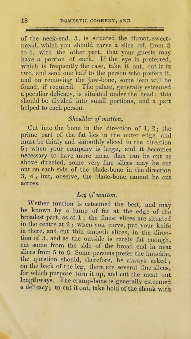 of the neck-end, 3, is situated the throaty sweet- bread, which you should carve a slice off, from 3 to 4, with the other part, that your guests may have a portion of each. If the eye is preferred, which is frequently the case, take it out, cut it in two, and send one half to the person who prefers it, and on removing the jaw-bone, some lean will be found, if required. The palate, generally esteemed a peculiar delicacy, is situated under the head: this should be divided into small portions, and a part helped to each person. Shoulder of mutton. Cut into the bone in the direction of 1,2; the prime part of the fat lies in the outer edge, and must be thinly and smoothly sliced in the direction 5; when your company is large, and it becomes necessary to have more meat than can be cut as above directed, some very fine slices may be cut out on each side of the blade-bone in the direction 3, 4 ; but, observe, the blade-bone cannot be cut across. Leg of mutton. Wether mutton is esteemed the best, and may be known by a lump of fat at the edge of the broadest part, as at 1 ; the finest slices are situated in the centre at 2 ; when you carve, put your knife in there, and cut thin smooth slices, in the direc- tion of 3, and as the outside is rarely fat enough, cut some from the side of the broad end in neat slices from 5 to 6. Some persons prefer the knuckle, the question should, therefore, be always asked ; on the back of the leg, there are several fine slices, for which purpose turn it up, and cut the meat out lengthways. The cramp-bone is generally esteemed a delicacy; to cut it out, take hold of the shank with