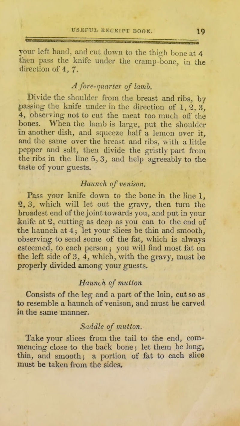 your left hand, and cut down to the thigh bone at 4 then pass the knife under the cramp-bone, in the direction of 4, 7. A fore-quarter of lamb. Divide the shoulder from the breast and ribs, by .passing the knife under in the direction of 1,2, 3, 4, observing not to cut the meat too much off the bones. When the lamb is large, put the shoulder in another dish, and squeeze half a lemon over it, and the same over the breast and ribs, with a little pepper and salt, then divide the gristly part from the ribs in the line 5, 3, and help agreeably to the taste of your guests. Haunch of venison. Pass your knife down to the bone in the line 1, 2, 3, which will let out the gravy, then turn the broadest end of the joint towards you, and put in your knife at 2, cutting as deep as you can to the end of the haunch at 4; let your slices be thin and smooth, observing to send some of the fat, which is always esteemed, to each person; you will find most fat on the left side of 3, 4, which, with the gravy, must be properly divided among your guests. Haunch of mutton Consists of the leg and a part of the loin, cut so as to resemble a haunch of venison, and must be carved in the same manner. Saddle of mutton. Take your slices from the tail to the end, com- mencing close to the back bone; let them be long, thin, and smooth; a portion of fat to each slice must be taken from the sides.