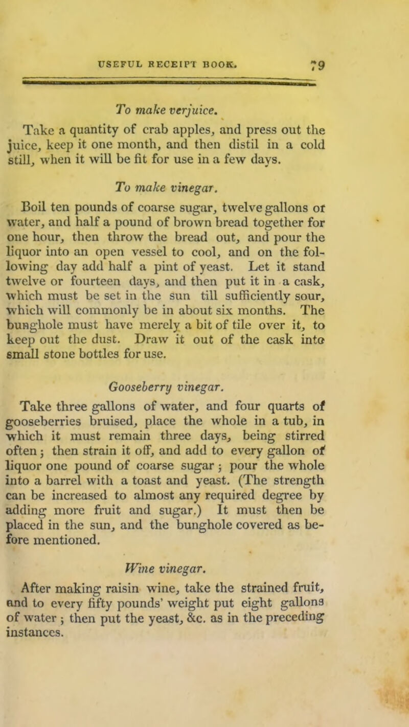 To make verjuice. Take a quantity of crab apples, and press out the juice, keep it one month, and then distil in a cold still, when it will be fit for use in a few days. To make vinegar. Boil ten pounds of coarse sugar, twelve gallons or water, and half a pound of brown bread together for one hour, then throw the bread out, and pour the liquor into an open vessel to cool, and on the fol- lowing day add half a pint of yeast. Let it stand twelve or fourteen days, and then put it in a cask, which must be set in the sun till sufficiently sour, which will commonly be in about six months. The bungliole must have merely a bit of tile over it, to keep out the dust. Draw it out of the cask into small stone bottles for use. Gooseberry vinegar. Take three gallons of water, and four quarts of gooseberries bruised, place the whole in a tub, in which it must remain three days, being stirred often; then strain it off, and add to every gallon of liquor one pound of coarse sugar ; pour the whole into a barrel with a toast and yeast. (The strength can be increased to almost any required degree by adding more fruit and sugar.) It must then be placed in the sun, and the bunghole covered as be- fore mentioned. Wine vinegar. After making raisin wrine, take the strained fruit, and to every fifty pounds’ weight put eight gallons of water ; then put the yeast, &c. as in the preceding instances.