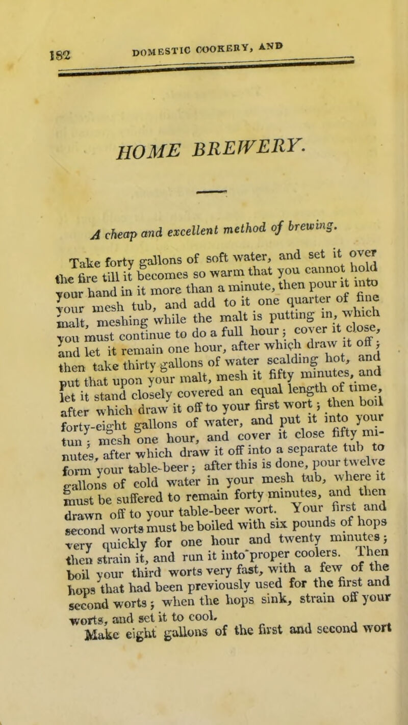 HOME BREWERY. A cheap and excellent method of brewing. Take forty gallons of soft water, and set it over the fire till it becomes so warm that you cannot ho vour hand in it more than a minute, then pour it into *°ur mesh tub, and add to it one quarter of fine S meshing while the malt is putting in which yon mustcontinue to do a full hour; cover it close, Ld let it remain one hour, after which draw it off, then take thirty gallons of water scalding hot, and put that upon your malt, mesh it fifty let it stand closely covered an equal length*T®:? after which draw it off to your first wort; then bod forty-eight gallons of water, and put it into your inn] mesh one hour, and cover it close fifty mi- nutes, after which draw it off mto a separate tub to form your table-beer; after this is done, pour twelve gallons of cold water in your mesh tub, where it must be suffered to remain forty minutes, and then drawn off to your table-beer wort, k our first and second worts must be boiled with six pounds of hops ■very quickly for one hour and twenty minutes; then strain it, and run it into'proper coolers. Then boil your third worts very fast, with a few of the bops that had been previously used for the first and second worts ; when the hops sink, strain off your worts, and set it to cool, , Make eight gallons of the first and second wort