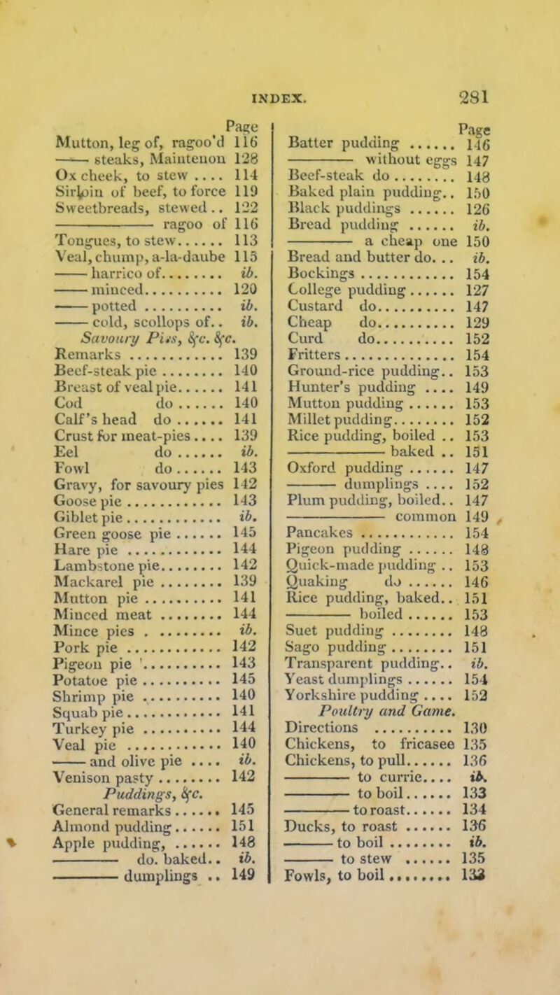 Page Mutton, leg of, ragoo'd 116 steaks, Mainteuon 128 Ox cheek, to stew .... 114 Sir^hn of beef, to force 119 Sweetbreads, stewed .. 122 ragoo of 116 Tongues, to stew 113 Veal, chump, a-la-daube 113 liarrico of ib. minced 120 potted ib. cold, scollops of.. ib. Savoury Pus, Sfc. &fc. Remarks 139 Beef-steak pie 140 Breast of veal pie 141 Cod do 140 Calf’s head do 141 Crust for meat-pies.... 139 Eel do ib. Fowl do 143 Gravy, for savoury pies 142 Goose pie 143 Giblet pie ib. Green goose pie 145 Hare pie 144 Lambstonepie 142 Mackarel pie 139 Mutton pie 141 Minced meat 144 Mince pies ib. Pork pie 142 Pigeon pie ' 143 Potatoe pie 145 Shrimp pie . 140 Squab pie 141 Turkey pie 144 Veal pie 140 and olive pie .... ib. Venison pasty 142 Puddings, HfC. General remarks 145 Almond pudding 151 Apple pudding, 148 do. baked.. ib. dumplings .. 149 Batter pudding iqg without eggs 147 Beef-steak do 148 Baked plain pudding.. 150 Black puddings 126 Bread pudding ib. a cheap one 150 Bread and butter do. .. ib. Bookings 154 College pudding 127 Custard do 147 Cheap do 129 Curd do 152 Fritters 154 Ground-rice pudding.. 153 Hunter’s pudding .... 149 Mutton pudding 153 Millet pudding 152 Rice pudding, boiled .. 153 baked .. 131 Oxford pudding 147 dumplings .... 152 Plum pudding, boiled.. 147 common 149 , Pancakes 154 Pigeon pudding 148 Quick-made pudding .. 153 Quaking do 146 Itice pudding, baked.. 151 boiled 153 Suet pudding 148 Sago pudding 151 Transparent pudding.. ib. Yeast dumplings 154 Yorkshire pudding .... 152 Poultry and Game. Directions 130 Chickens, to fricasee 135 Chickens, to pull 136 to currie.... ib. to boil 133 to roast 134 Ducks, to roast 136 to boil ib. to stew 135 Fowls, to boil 133