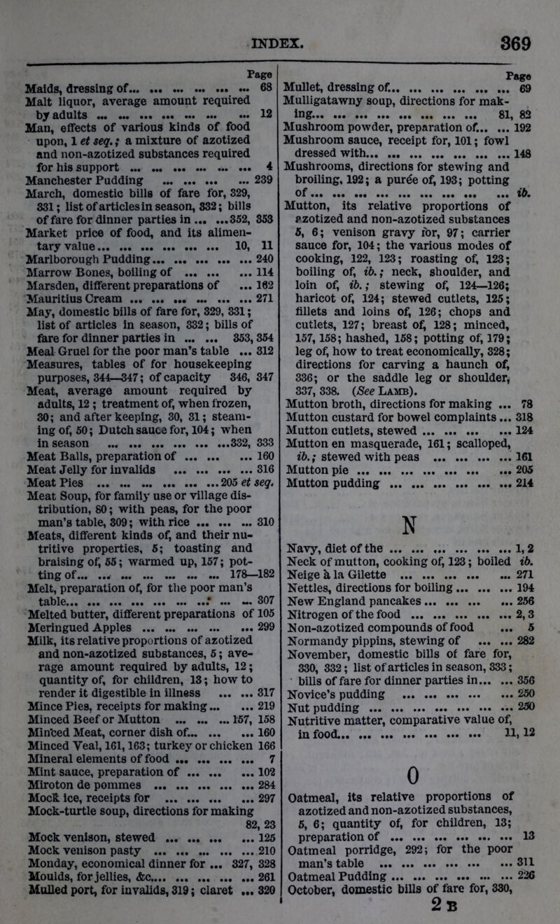 Page Page Maids, dressing of 68 Malt liquor, average amount required by adults 12 Man, effects of various kinds of food upon, 1 et seq.; a mixture of azotized and non-azotized substances required for his support 4 Manchester Pudding 239 March, domestic bills of fare for, 329, 331; list of articles in season, 832; bills of fare for dinner parties in 352, 353 Market price of food, and its alimen- tary value 10, 11 Marlborough Pudding 240 Marrow Bones, boiling of 114 Marsden, different preparations of ... 162 Mauritius Cream 271 May, domestic bills of fare for, 329, 331; list of articles in season, 332; bills of fare for dinner parties in 353,354 Meal Gruel for the poor man’s table ... 312 Measures, tables of for housekeeping purposes, 344—347; of capacity 346, 347 Meat, average amount required by adults, 12 ; treatment of, when frozen, 30; and after keeping, 30, 31; steam- ing of, 50; Dutch sauce for, 104; when in season 332, 333 Meat Balls, preparation of 160 Meat Jelly for invalids 316 Meat Pies 205 et seq. Meat Soup, for family use or village dis- tribution, 80; with peas, for the poor man’s table, 309; with rice 310 Meats, different kinds of, and their nu- tritive properties, 5; toasting and braising of, 55; warmed up, 157; pot- ting of - 178—182 Melt, preparation of, for the poor man’s table .* ... ... 307 Melted butter, different preparations of 105 Meringued Apples 299 Milk, its relative proportions of azotized and non-azotized substances, 5; ave- rage amount required by adults, 12; quantity of, for children, 13; how to render it digestible in illness 317 Mince Pies, receipts for making 219 Minced Beef or Mutton 157, 158 Min'ced Meat, corner dish of... 160 Minced Yeal, 161,163; turkey or chicken 166 Mineral elements of food 7 Mint sauce, preparation of 102 Miroton de pommes 284 Mock ice, receipts for 297 Mock-turtle soup, directions for making 82, 23 Mock venison, stewed 125 Mock venison pasty 210 Monday, economical dinner for ... 327, 328 Moulds, for jellies, &c 261 Mullet, dressing of. 69 Mulligatawny soup, directions for mak- ing. 81, 82 Mushroom powder, preparation of. 192 Mushroom sauce, receipt for, 101; fowl dressed with 148 Mushrooms, directions for stewing and broiling, 192; a purde of, 193; potting of ib. Mutton, its relative proportions of azotized and non-azotized substances 5, 6; venison gravy for, 97; carrier sauce for, 104; the various modes of cooking, 122, 123; roasting of, 123; boiling of, ib.; neck, shoulder, and loin of, ib.; stewing of, 124—126; haricot of, 124; stewed cutlets, 125; fillets and loins of, 126; chops and cutlets, 127; breast of, 128; minced, 157, 158; hashed, 158; potting of, 179; leg of, how to treat economically, 328; directions for carving a haunch of, 336; or the saddle leg or shoulder, 337, 338. (See Lamb). Mutton broth, directions for making ... 78 Mutton custard for bowel complaints... 318 Mutton cutlets, stewed 124 Mutton en masquerade, 161; scalloped, ib.; stewed with peas .161 Mutton pie 205 Mutton pudding 214 N Navy, diet of the 1,2 Neck of mutton, cooking of, 123; boiled ib. Neige k la Gilette 271 Nettles, directions for boiling 194 New England pancakes 256 Nitrogen of the food 2,3 Non-azotized compounds of food ... 5 Normandy pippins, stewing of 282 November, domestic bills of fare for, 330, 332; list of articles in season, 333; bills of fare for dinner parties in 356 Novice’s pudding 250 Nut pudding 250 Nutritive matter, comparative value of, in food. 11,12 0 Oatmeal, its relative proportions of azotized and non-azotized substances, 5, 6; quantity of, for children, 13; preparation of 13 Oatmeal porridge, 292; for the poor man’s table 311 Oatmeal Pudding ... 226