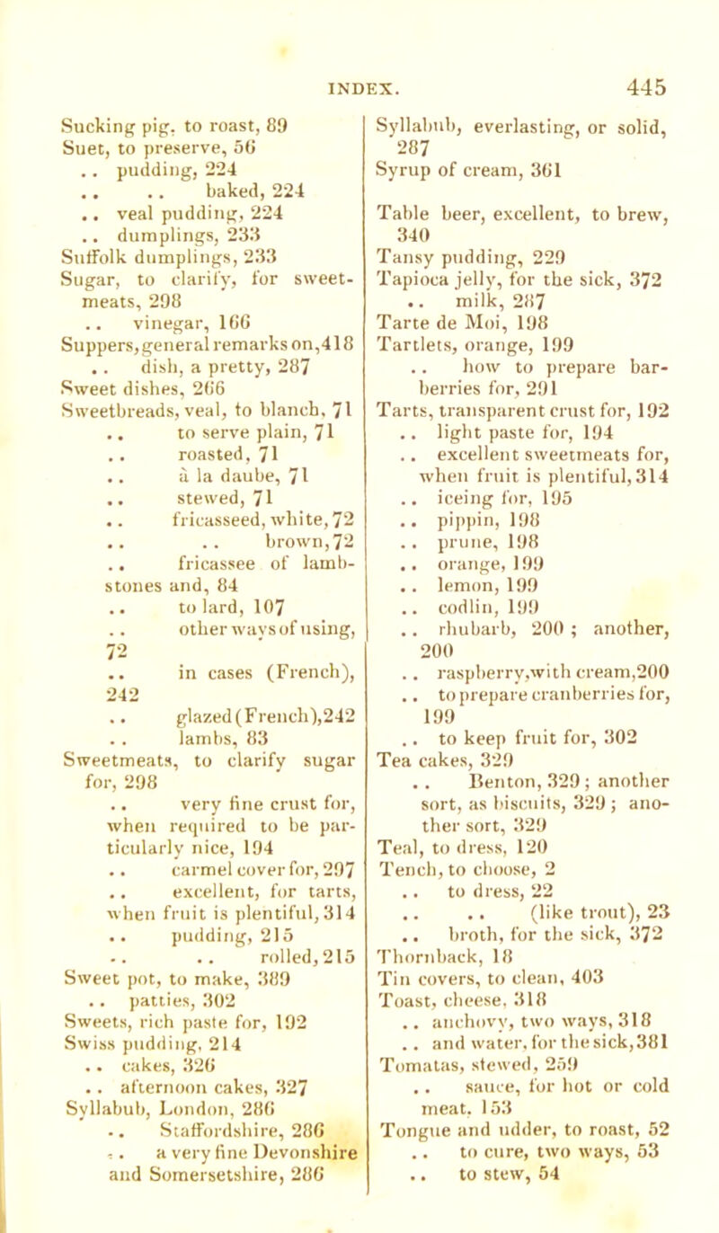 Sucking pig. to roast, 89 Suet, to preserve, 56 .. pudding, 224 baked, 224 •, veal pudding, 224 .. dumplings, 233 Suffolk dumplings, 233 Sugar, to clarify, for sweet- meats, 298 .. vinegar, 1GG Suppers, general remarks on,418 . . dish, a pretty, 287 Sweet dishes, 2G6 Sweetbreads, veal, to blanch, 71 .. to serve plain, 71 roasted, 71 .. a la daube, 71 .. stewed, 71 .. fricasseed, white, 72 .. .. brown, 72 .. fricassee of lamb- stones and, 84 .. to lard, 107 .. other wavs of using, 72 .. in cases (French), 242 .. glazed (French),242 . . lambs, 83 Sweetmeats, to clarify sugar for, 298 .. very fine crust for, when required to be par- ticularly nice, 194 .. carmel cover for, 297 .. excellent, for tarts, when fruit is plentiful, 314 .. pudding, 215 .. .. rolled, 215 Sweet pot, to make, 389 .. patties, 302 Sweets, rich paste for, 192 Swiss pudding, 214 .. cakes, 326 . . afternoon cakes, 327 Syllabub, London, 28G .. Staffordshire, 286 , . a very fine Devonshire and Somersetshire, 28G Syllabub, everlasting, or solid, 287 Syrup of cream, 3G1 Table beer, excellent, to brew, 340 Tansy pudding, 229 Tapioca jelly, for the sick, 372 .. milk, 287 Tarte de Moi, 198 Tartlets, orange, 199 .. how to prepare bar- berries for, 291 Tarts, transparent crust for, 192 .. light paste for, 194 .. excellent sweetmeats for, when fruit is plentiful, 314 .. iceing for, 195 .. pippin, 198 .. prune, 198 .. orange, 199 . . lemon, 199 .. codlin, 199 .. rhubarb, 200 ; another, 200 .. raspberry,with cream,200 .. to prepare cranberries for, 199 .. to keep fruit for, 302 Tea cakes, 329 .. Benton, 329 ; another sort, as biscuits, 329 ; ano- ther sort, 329 Teal, to dress, 120 Tench, to choose, 2 .. to dress, 22 .. .. (like trout), 23 .. broth, for the sick, 372 Thorn back, 18 Tin covers, to clean, 403 Toast, cheese, 318 .. anchovy, two ways, 318 .. and water, for the sick, 381 Tomatas, stewed, 259 ,. sauce, for hot or cold meat, 153 Tongue and udder, to roast, 52 .. to cure, two ways, 53 .. to stew, 54