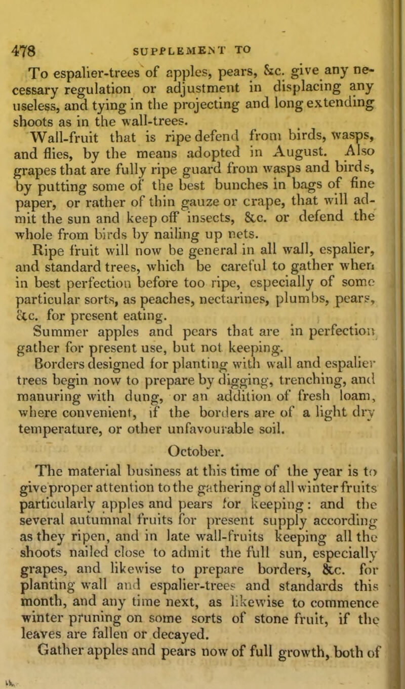 To espalier-trees of apples, pears, &c. give any ne- cessary regulation or adjustment in displacing any useless, and tying in the projecting and long extending shoots as in the wall-trees. Wall-fruit that is ripe defend from birds, wasps, and flies, by the means adopted in August. Also grapes that are fully ripe guard from wasps and birds, by putting some of the best bunches in bags of fine paper, or rather of thin gauze or crape, that will ad- mit the sun and keep off insects, &c. or defend the whole from birds by nailing up nets. Ripe fruit will now be general in all wall, espalier, and standard trees, which be careful to gather when in best perfection before too ripe, especially of some particular sorts, as peaches, nectarines, plumbs, pears, etc. for present eating. Summer apples and pears that are in perfection gather for present use, but not keeping. Borders designed for planting with wall and espalier trees begin now to prepare by digging, trenching, and manuring with dung, or an addition of fresh loam, where convenient, if the borders are of a light dry temperature, or other unfavourable soil. October. The material business at this time of the year is to give proper attention to the gathering oi all winter fruits particularly apples and pears for keeping: and the several autumnal fruits for present supply according as they ripen, and in late wall-fruits keeping all the shoots nailed close to admit the full sun, especially grapes, and likewise to prepare borders, &c. for planting wall and espalier-trees and standards this month, and any time next, as likewise to commence winter pruning on some sorts of stone fruit, if the leaves are fallen or decayed. Gather apples and pears now of full growth, both of