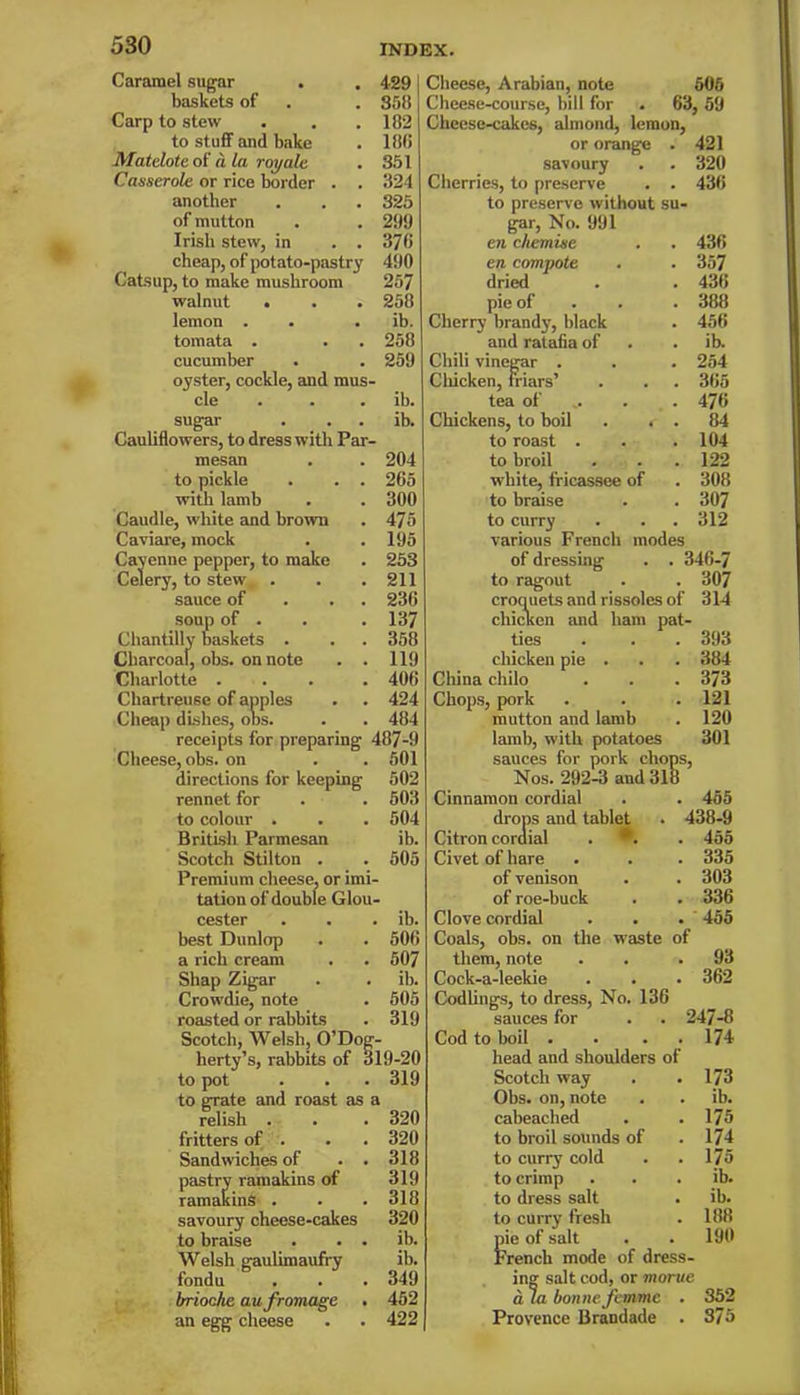 Caramel sugar . . 429 baskets of . . 358 Carp to stew . . . 182 to stuff and bake . 188 Matelote of ala royale . 351 Casserole or rice border . . 324 another . . . 325 of mutton . . 299 Irish stew, in . . 378 cheap, of potato-pastry 490 Catsup, to make mushroom 257 walnut • . . 258 lemon . . ib. tomata . . . 258 cucumber . . 259 oyster, cockle, and mus- cle . ib. sugar . . . ib. Cauliflowers, to dress with Par- mesan . . 204 to pickle . . . 265 with lamb . . 300 Caudle, white and brown . 475 Caviare, mock . . 195 Cayenne pepper, to make . 253 Celery, to stew . . .211 sauce of . . 236 soup of . . .137 Chantilly baskets . . . 358 Charcoal, obs. on note . . 119 Charlotte ... . 406 Chartreuse of apples . . 424 Cheap dishes, obs. . . 484 receipts for preparing 487-9 Cheese, obs. on . . 501 directions for keeping 502 rennet for . . 503 to colour . . . 504 British Parmesan ib. Scotch Stilton . . 505 Premium cheese, or imi- tation of double Glou- cester . . . ib. best Dunlop . . 506 a rich cream . . 507 Sliap Zigar . . ib. Crowdie, note . 505 roasted or rabbits . 319 Scotch, Welsh, O’Dog- herty’s, rabbits of 319-20 to pot . . . 319 to grate and roast as a relish . . . 320 fritters of . . . 320 Sandwiches of . . 318 pastry ramakins of 319 ramakins . . . 318 savoury cheese-cakes 320 to braise . . . ib. Welsh gaulimaufry ib. fondu . . . 349 brioche aufromage . 452 an egg cheese . . 422 Cheese, Arabian, note 506 Cheese-course, bill for . 63, 59 Cheese-cakes, almond, lemon, or orange . 421 savoury . . 320 Cherries, to preserve . . 436 to preserve without su- gar, No. 991 en chemise . . 436 en compote . . 357 dried . . 436 pie of . 388 Cherry brandy, black . 456 and ratafia of . . ib. Chili vinegar . . . 254 Chicken, friars’ . . . 365 tea of .. . 476 Chickens, to boil . c . 84 to roast . . .104 to broil . . . 122 white, fricassee of . 308 to braise . . 307 to curry . . . 312 various French modes of dressing . . 346-7 to ragout . . 307 croquets and rissoles of 314 chicken and ham pat- ties . . . 393 chicken pie . . . 384 China chilo . . . 373 Chops, pork . . .121 mutton and lamb . 120 lamb, with potatoes 301 sauces for pork chops, Nos. 292-3 and 318 Cinnamon cordial . . 455 drops and tablet . 438-9 Citron cordial . ®. . 455 Civet of hare . . . 335 of venison . . 303 of roe-buck . . 336 Clove cordial . . . 455 Coals, obs. on the waste of them, note . . .93 Cock-a-leekie . . . 362 Codlings, to dress, No. 136 sauces for . . 247-8 Cod to boil . . . . 174 head and shoulders of Scotch way . . 173 Obs. on, note . . ib. cabeached . .175 to broil sounds of . 174 to curry cold . . 175 to crimp . . . ib. to dress salt . ib. to curry fresh . 188 pie of salt . . 190 French mode of dress- ing salt cod, or morue a la bonne femme . 352 Provence Brandade . 375