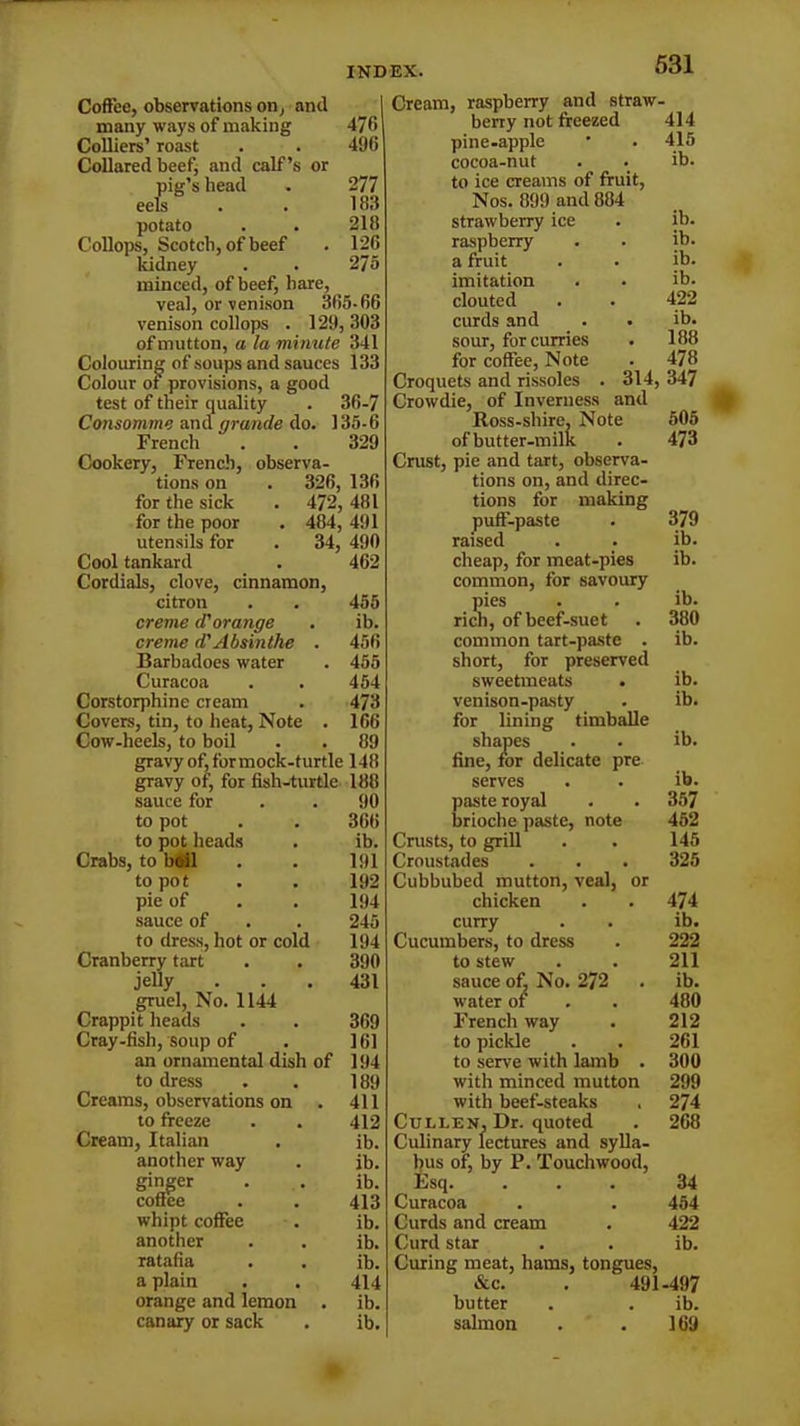 476 496 277 183 218 126 275 Coffee, observations on, and many ways of making Colliers’ roast Collared beef, and calf’s or pig’s head eels potato Collops, Scotch, of beef kidney minced, of beef, hare, veal, or veniSpn 365-66 venison collops . 129, 303 of mutton, a la minute 341 Colouring of soups and sauces 133 Colour of provisions, a good test of their quality . 36-7 Consomme and grande do. 135-6 French . . 329 Cookery, French, observa- tions on . 326, 136 for the sick for the poor utensils for Cool tankard Cordials, clove, cinnamon, citron creme d'orange creme d'Absinthe . Barbadoes water Curacoa Corstorphine cream Covers, tin, to heat, Note . Cow-heels, to boil gravy of, formock-turtle 148 gravy of, for fish-turtle 188 sauce for to pot to pot heads Crabs, to boil to pot pie of sauce of to dress, hot or cold Cranberry tart jelly gruel, No. 1144 Crappit heads Cray-fish, soup of an ornamental dish of to dress Creams, observations on to freeze Cream, Italian another way 472, 481 484, 491 34, 490 462 455 ib. 456 455 454 473 166 89 90 366 ib. 191 192 194 245 194 390 431 ginger coffee whipt coffee another ratafia a plain orange and lemon canary or sack 369 161 194 189 411 412 ib. ib. ib. 413 ib. ib. ib. 414 ib. ib. Cream, raspberry and straw- berry not freezed 414 pine-apple • . 415 cocoa-nut . . ib. to ice creams of fruit, Nos. 899 and 884 strawberry ice . ib. raspberry . . ib. a fruit . . ib. imitation . . ib. clouted . . 422 curds and . • ib. sour, for curries • 188 for coffee, Note . 478 Croquets and rissoles . 314, 347 Crowdie, of Inverness and Ross-shire. Note 505 of butter-milk . 473 Crust, pie and tart, observa- tions on, and direc- tions for making puff-paste . 379 raised . . ib. cheap, for meat-pies ib. common, for savoury pies . . ib. rich, of beef-suet . 380 common tart-paste . ib. short, for preserved sweetmeats . ib. venison-pasty . ib. for lining timballe shapes . . ib. fine, for delicate pre serves . • ib. paste royal . . 357 brioche paste, note 452 Crusts, to grill . . 145 Croustades . . . 325 Cubbubed mutton, veal, or chicken . . 474 curry . . ib. Cucumbers, to dress . 222 to stew . . 211 sauce of No. 272 . ib. water of . . 480 French way . 212 to pickle . . 261 to serve with lamb . 300 with minced mutton 299 with beef-steaks . 274 Cullen, Dr. quoted . 268 Culinary lectures and sylla- bus of, by P. Touchwood, Esq. ... 34 Curacoa . . 454 Curds and cream . 422 Curd star . . ib. Curing meat, hams, tongues, &c. . 491-497 butter . . ib. salmon . . 169